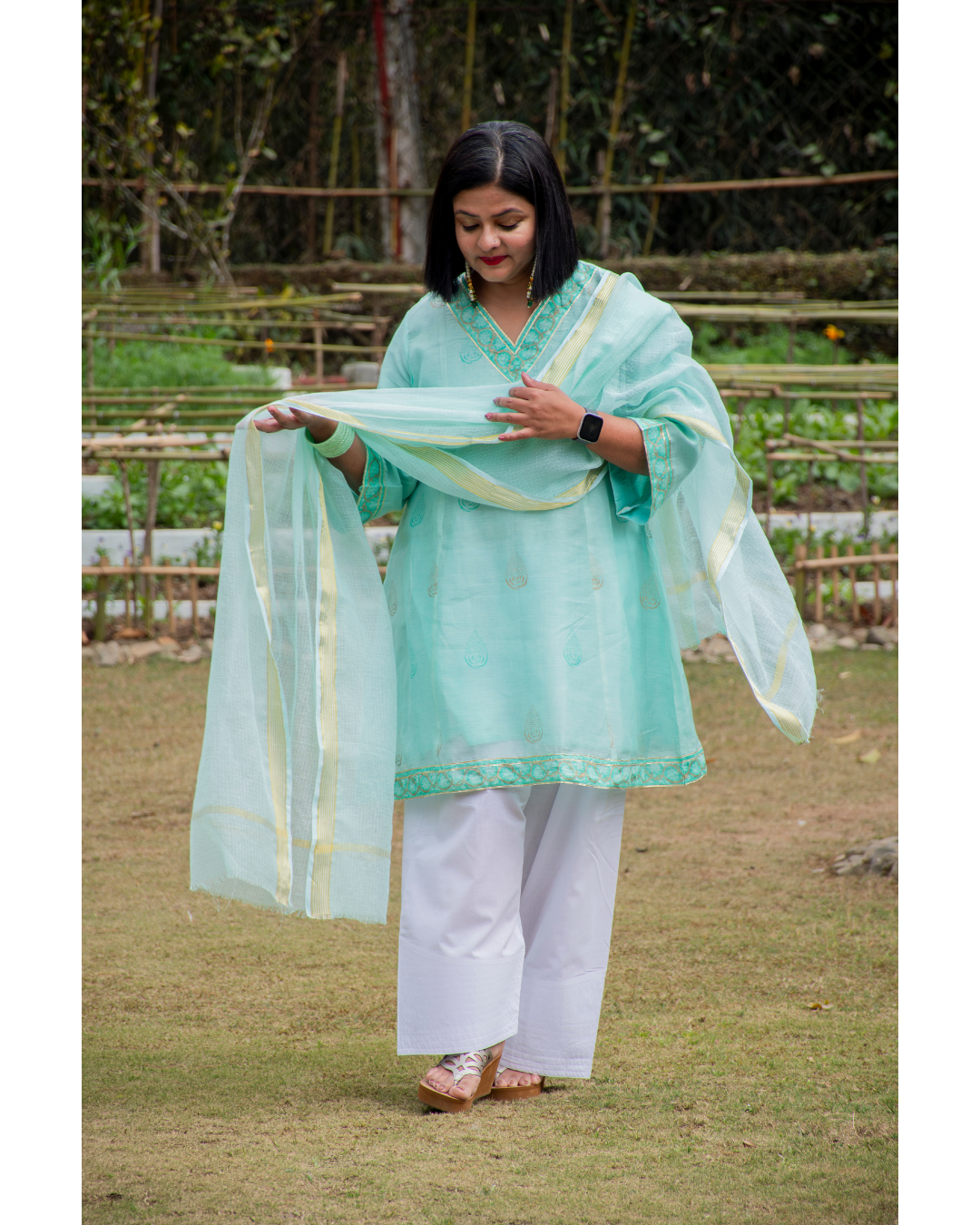 '' Sukoon'' Pastel Green Mul Chanderi suit set