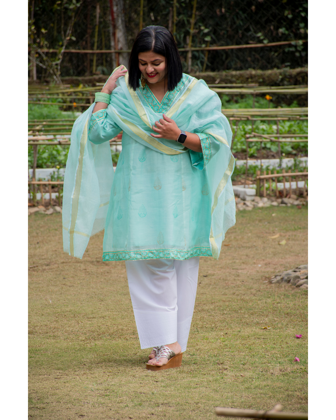'' Sukoon'' Pastel Green Mul Chanderi suit set