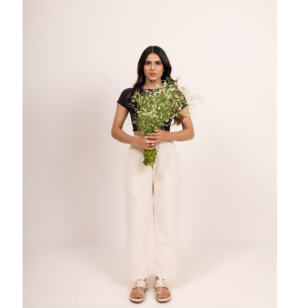 '' Amaryllis '' Biege Cotton- Linen  Scalloped Pants