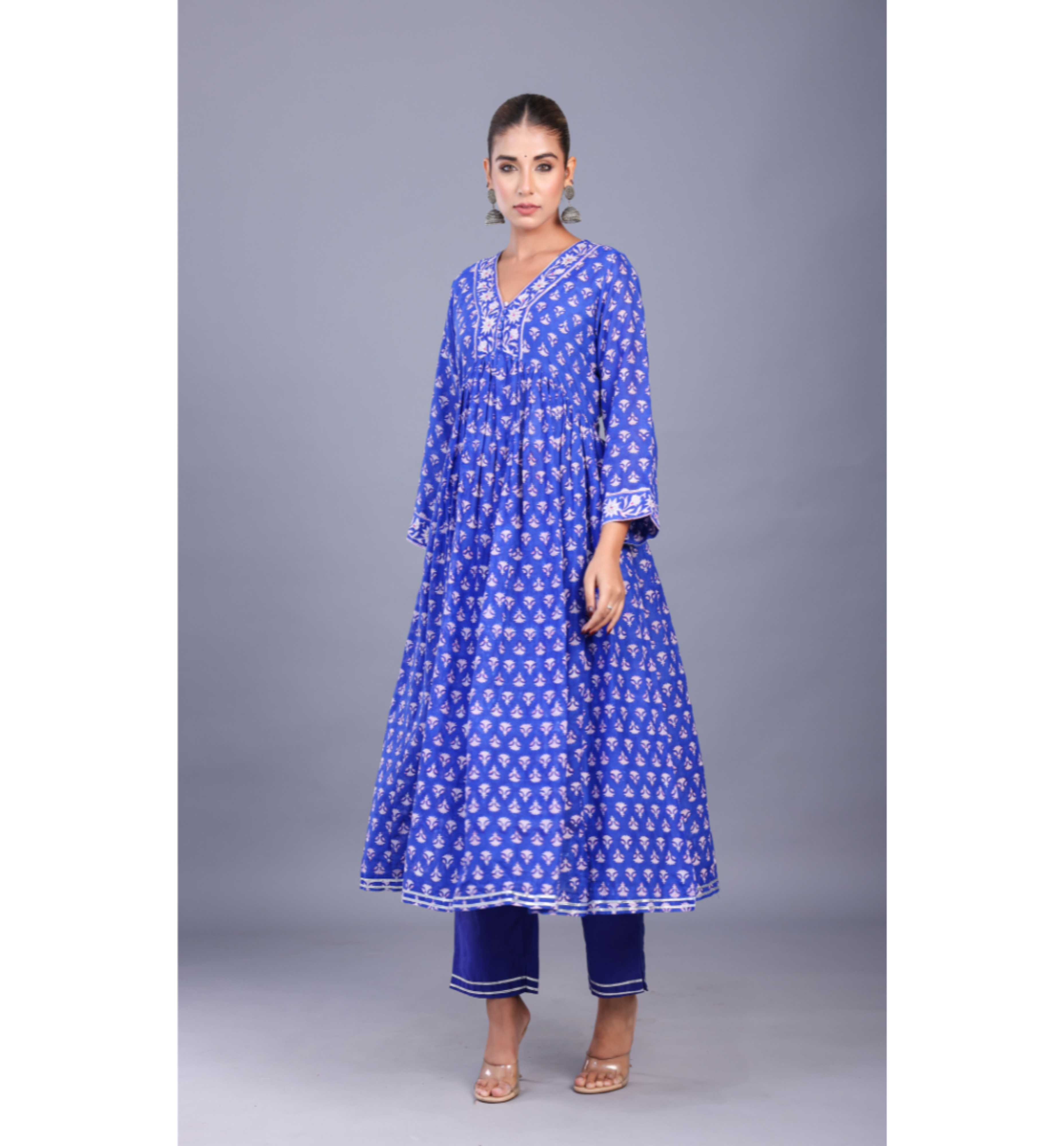 Nargis royal blue anarkali-style kurta with hand embroidery and contrasting pink-blue dupatta for festive occasions.