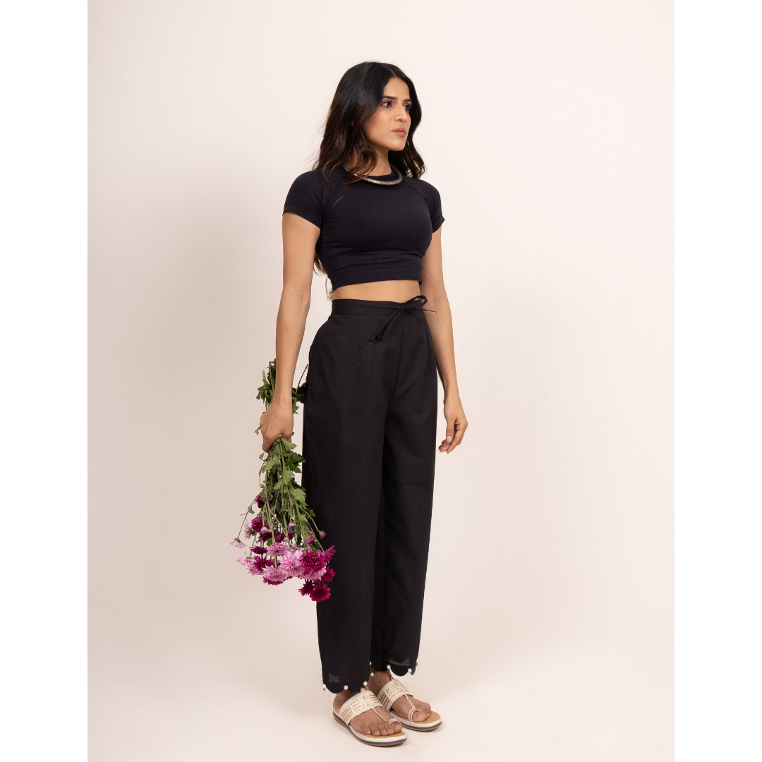 " Siyah " Black Cotton Scalloped Pants