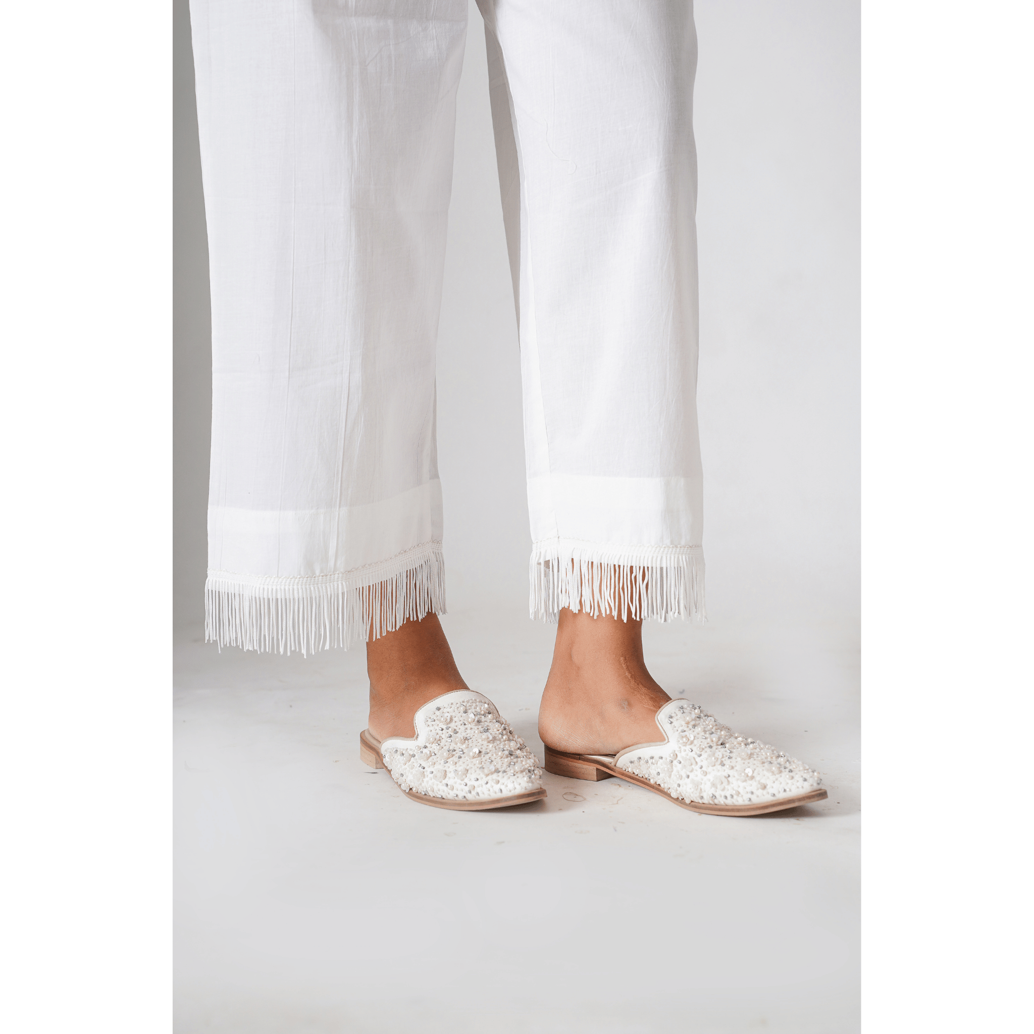 Fringes White Cotton Pants
