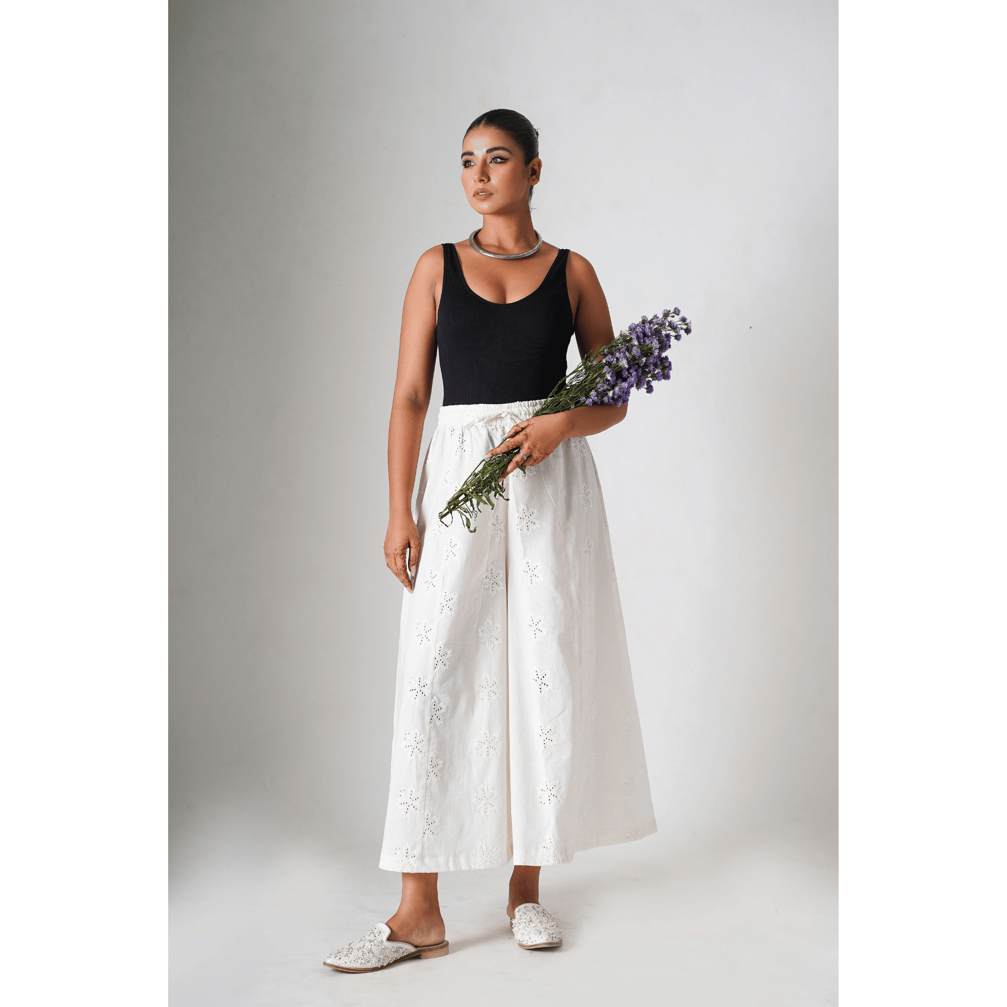 Carnations White Pallazo with hakoba embroidery