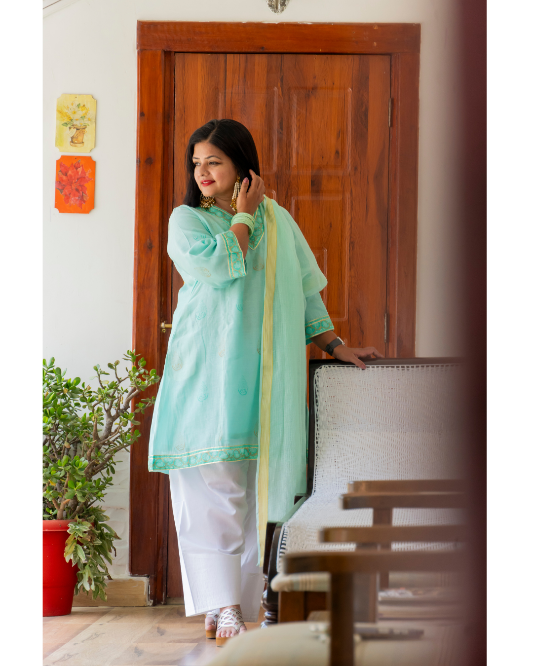 '' Sukoon'' Paster Green Mul Chanderi suit set