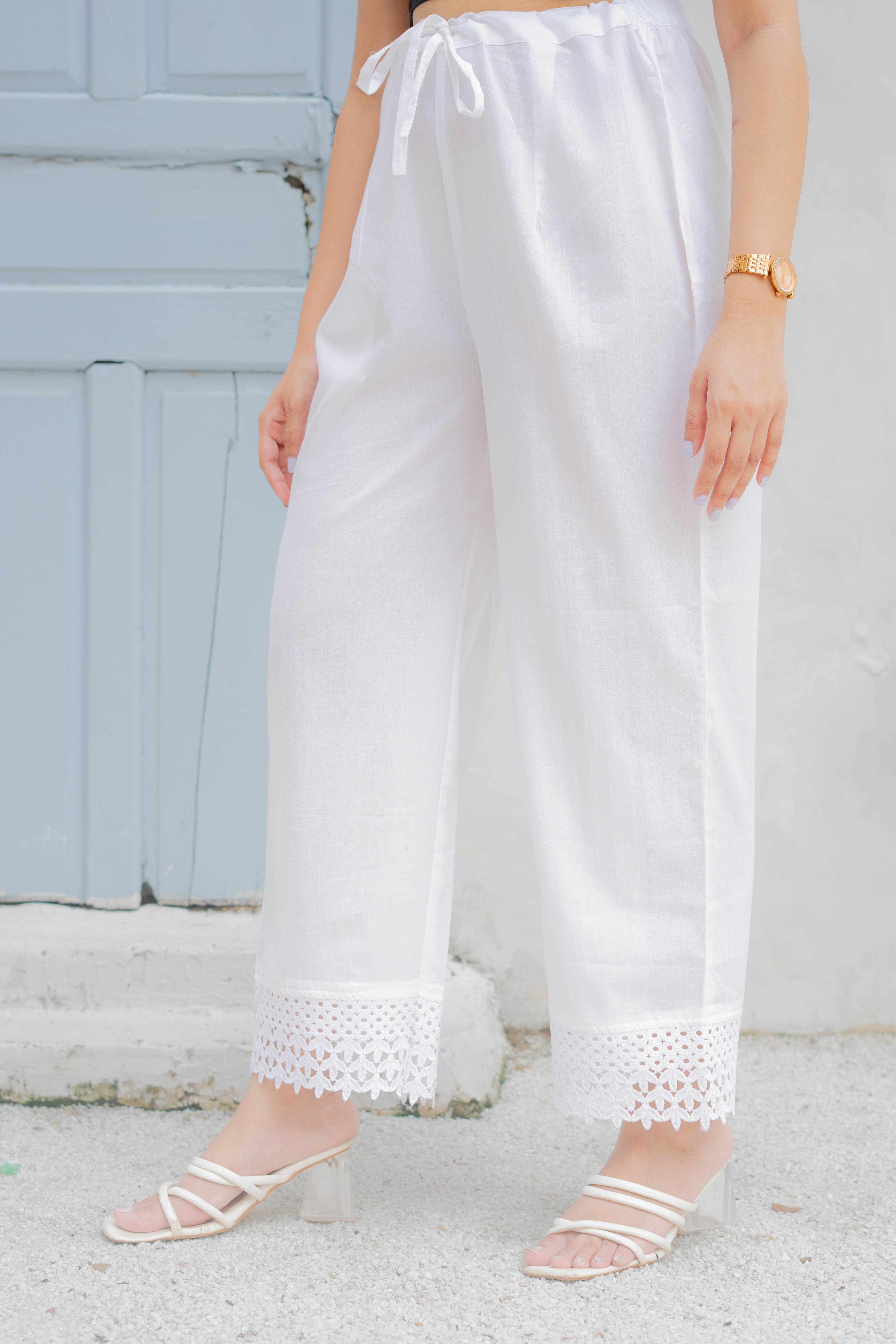 Aafia- White Cotton Lace Pants