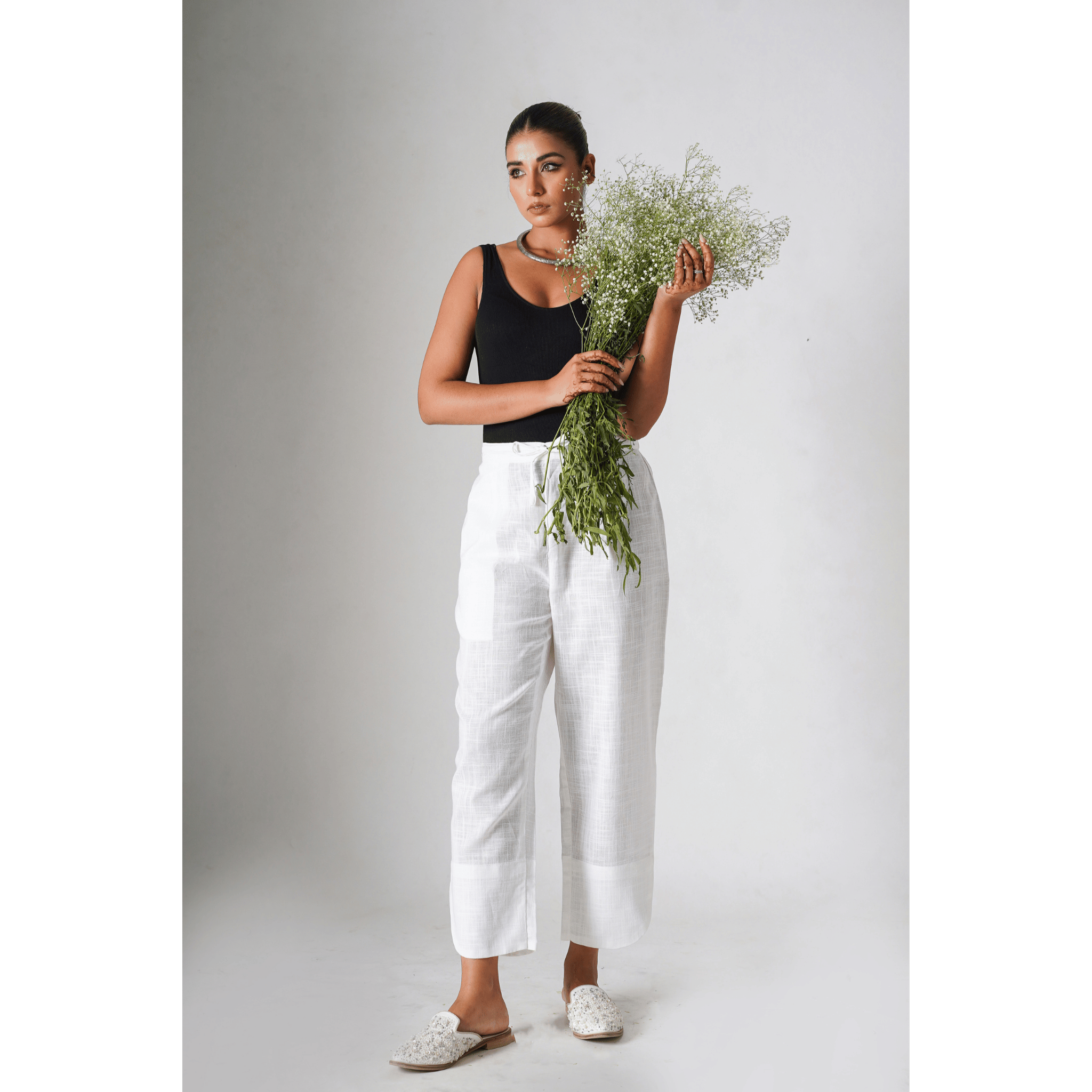 Jasmine White Cotton slub Pants