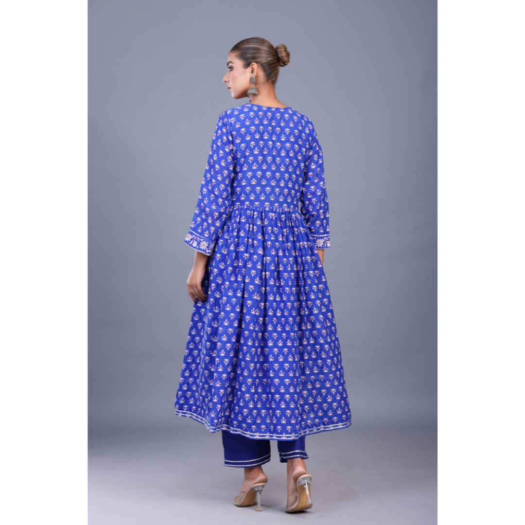 Designer festive wear kurta in royal blue cotton silk with pink and blue dupatta, handcrafted with Sanganeri prints.
