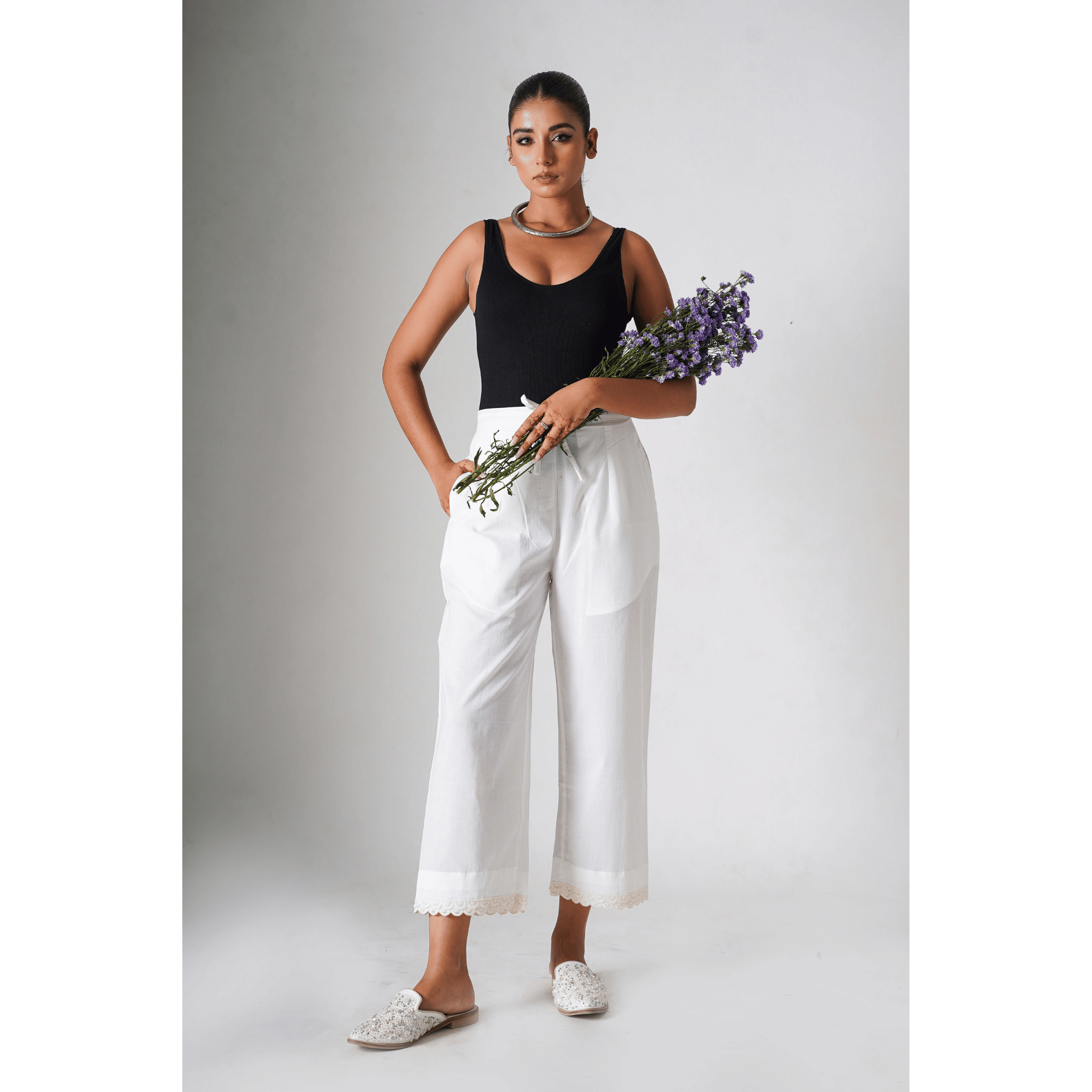 Petunias White Cotton Pants
