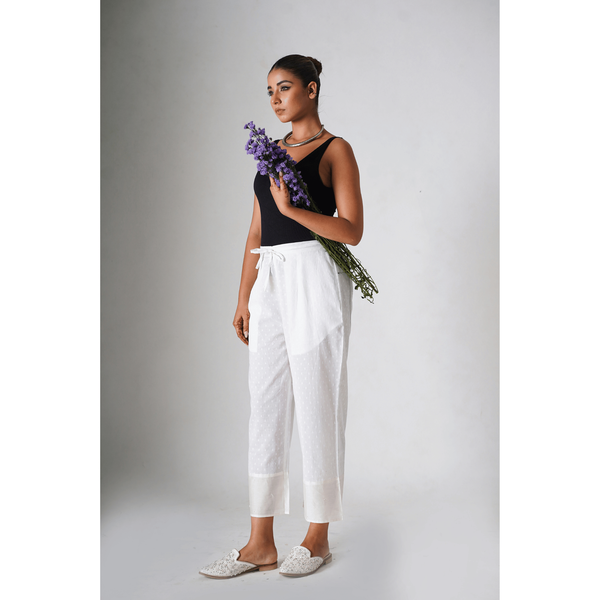 Frida White Doby Cotton Pants