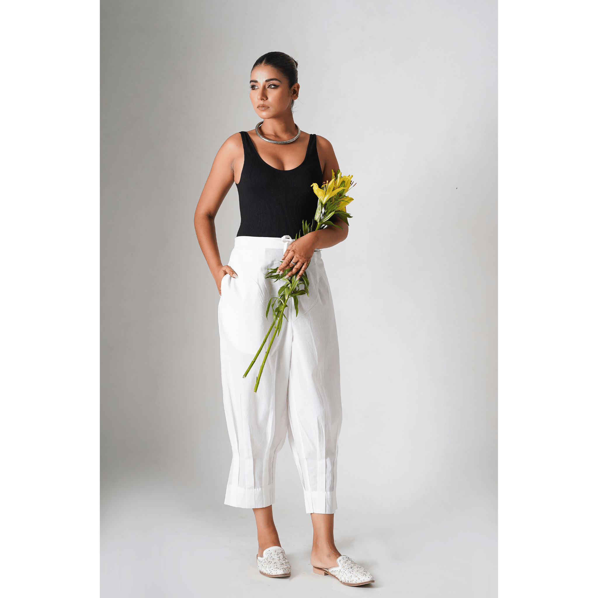 White Camellia Cotton Pants