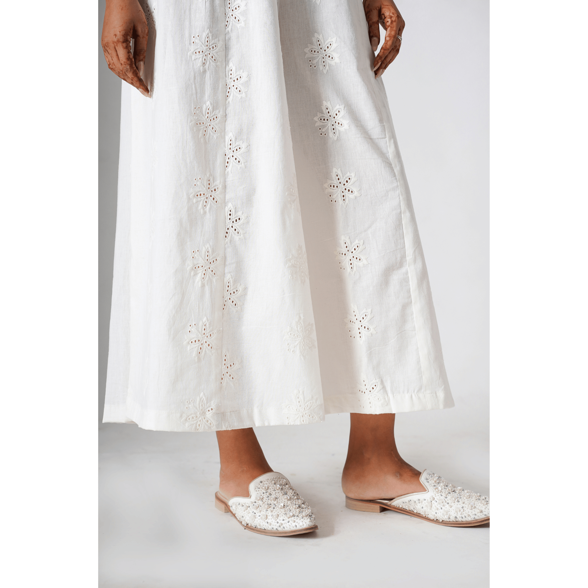 Carnations White Pallazo with hakoba embroidery