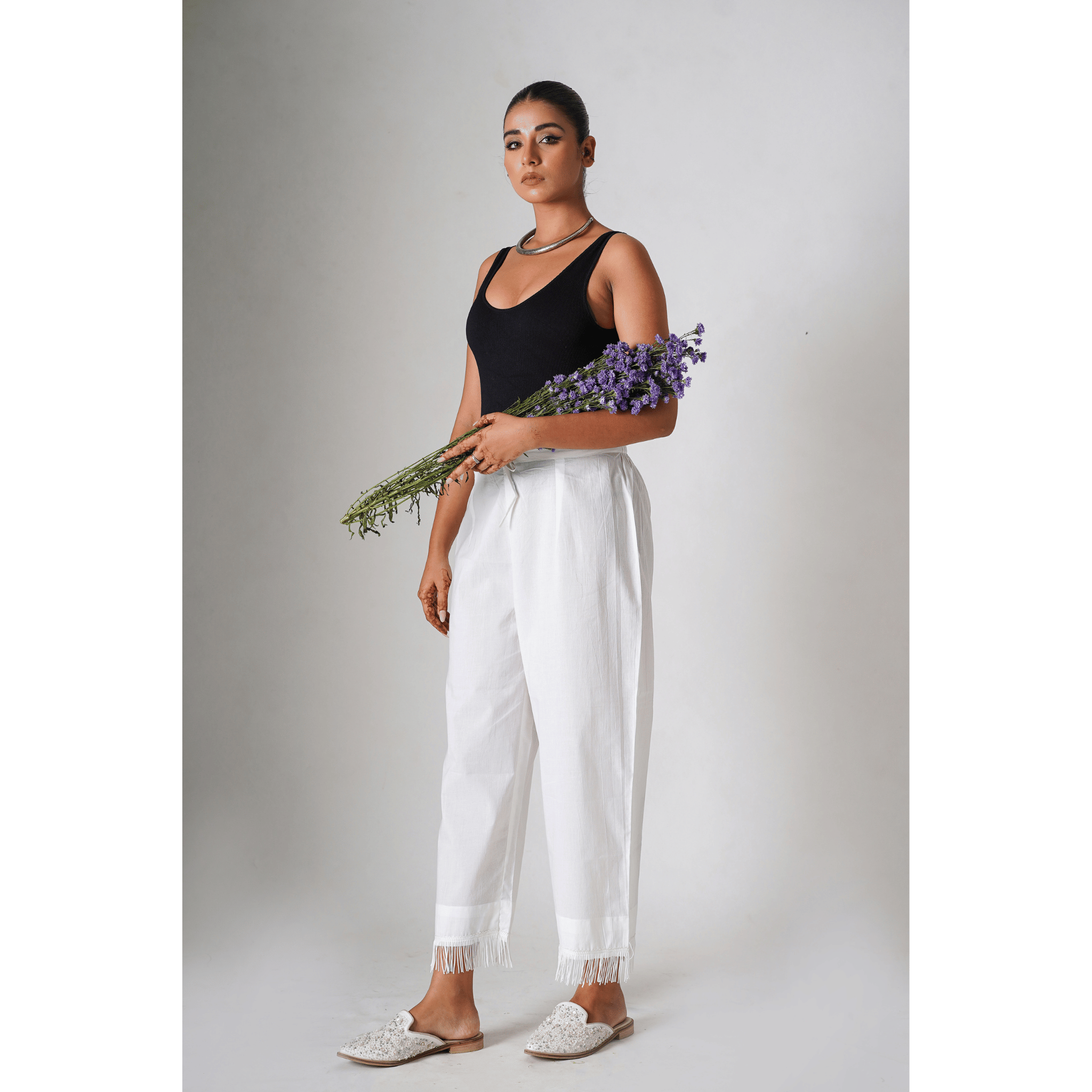 Fringes White Cotton Pants