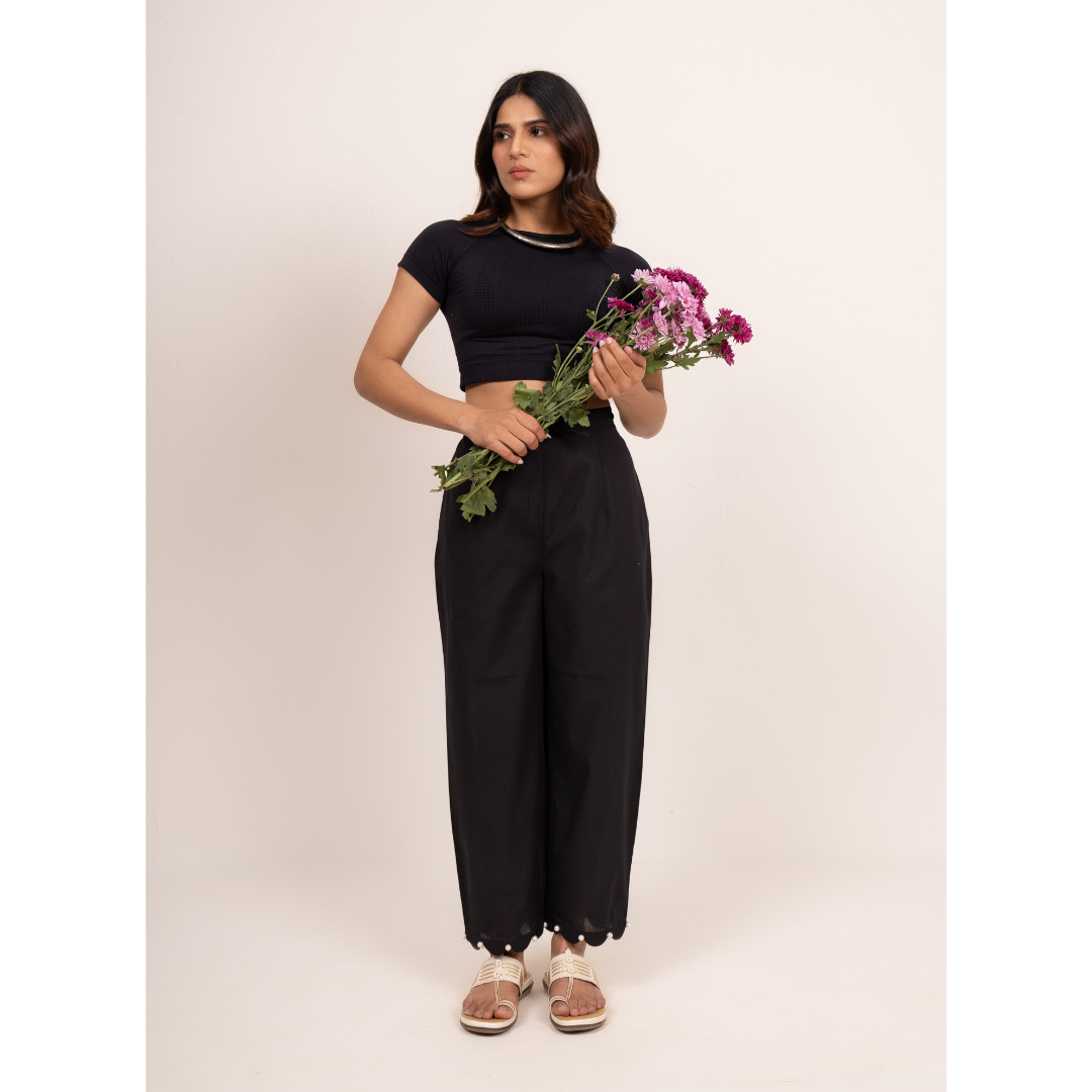 " Siyah " Black Cotton Scalloped Pants