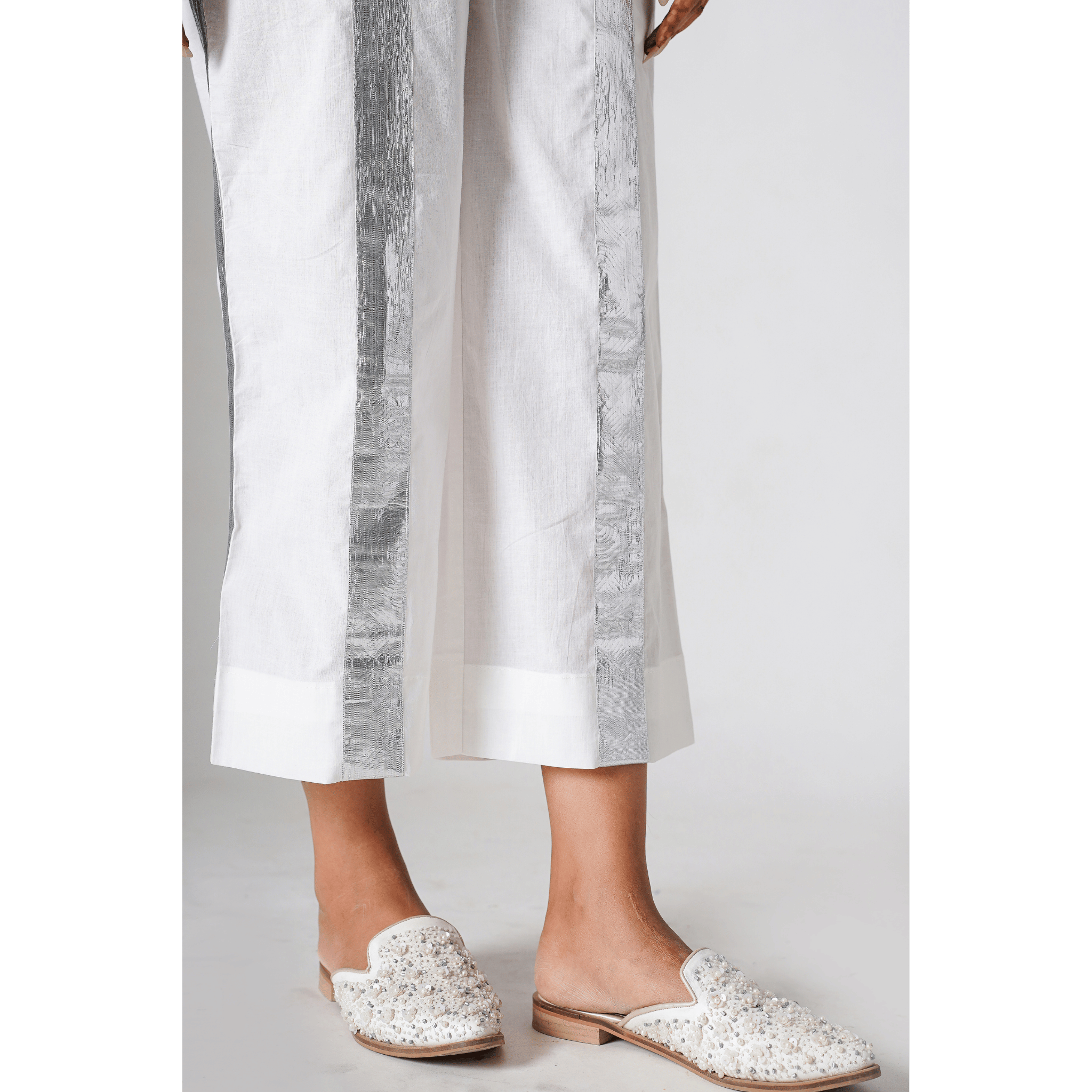 Luminous White Cotton Gota Pants
