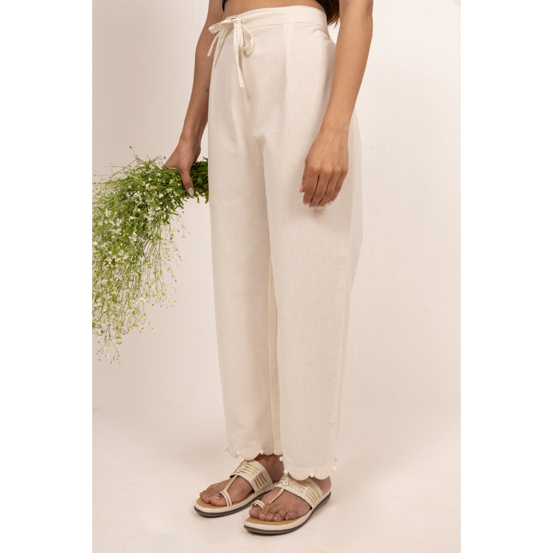 '' Amaryllis '' Biege Cotton- Linen  Scalloped Pants