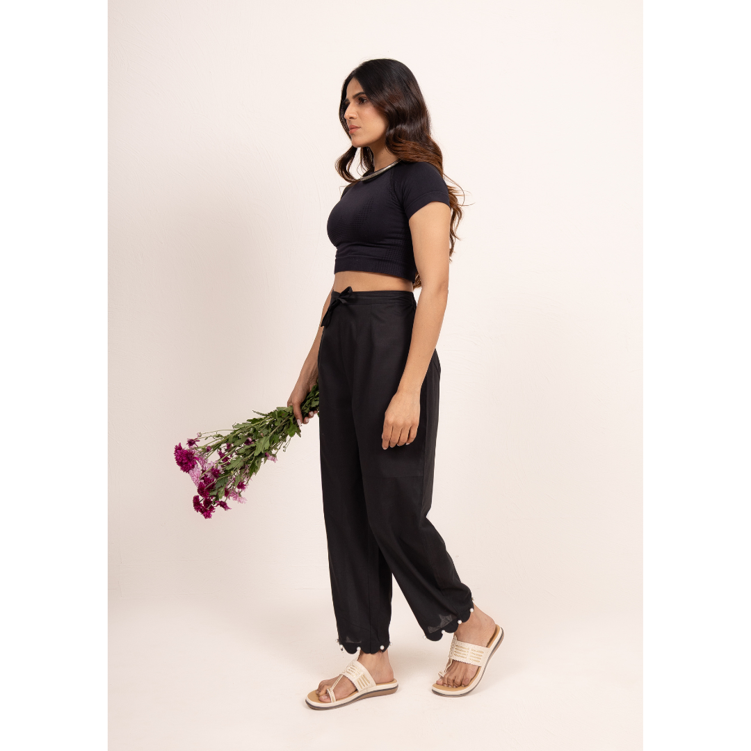 " Siyah " Black Cotton Scalloped Pants