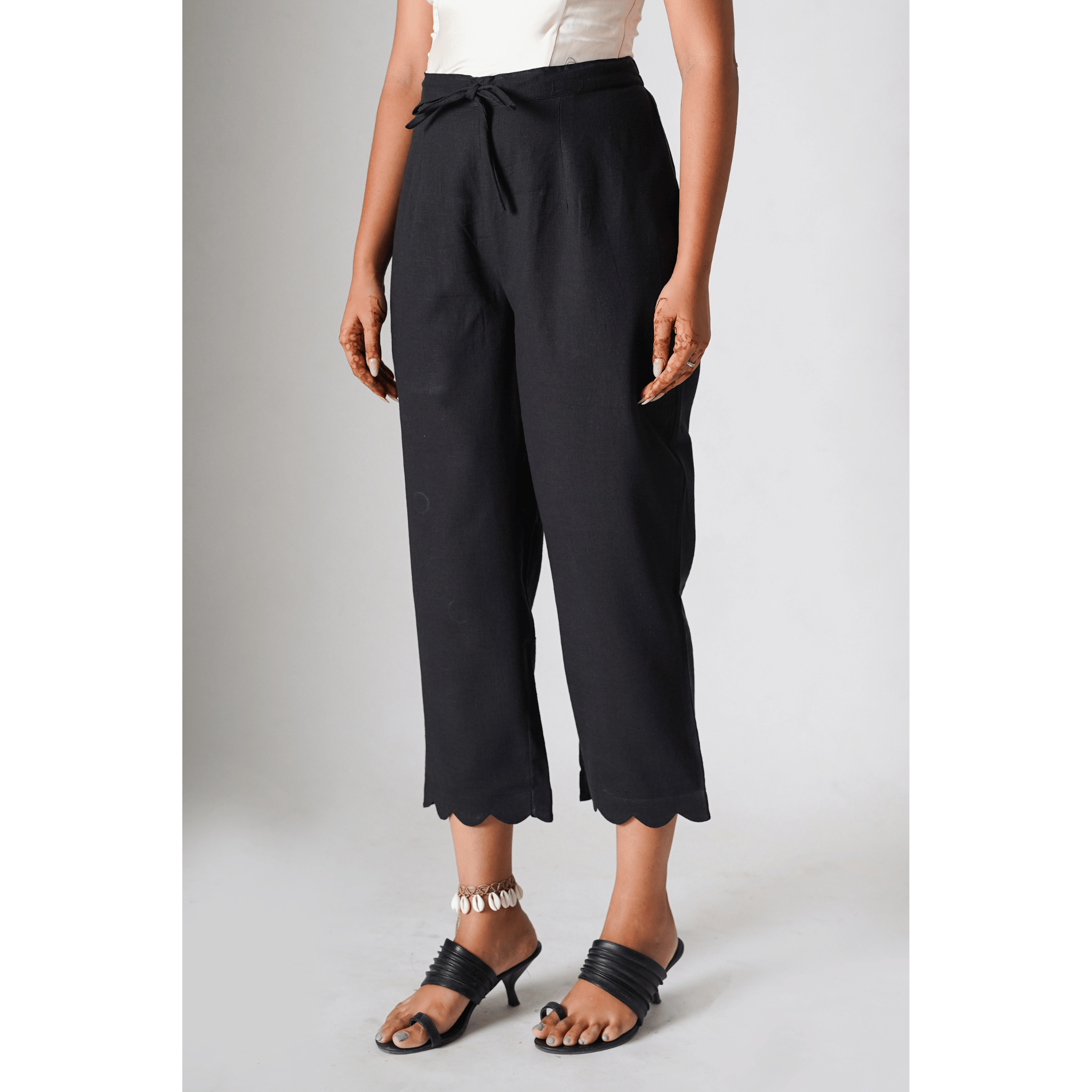 Ebony Scalloped Black Cotton -Linen Pants