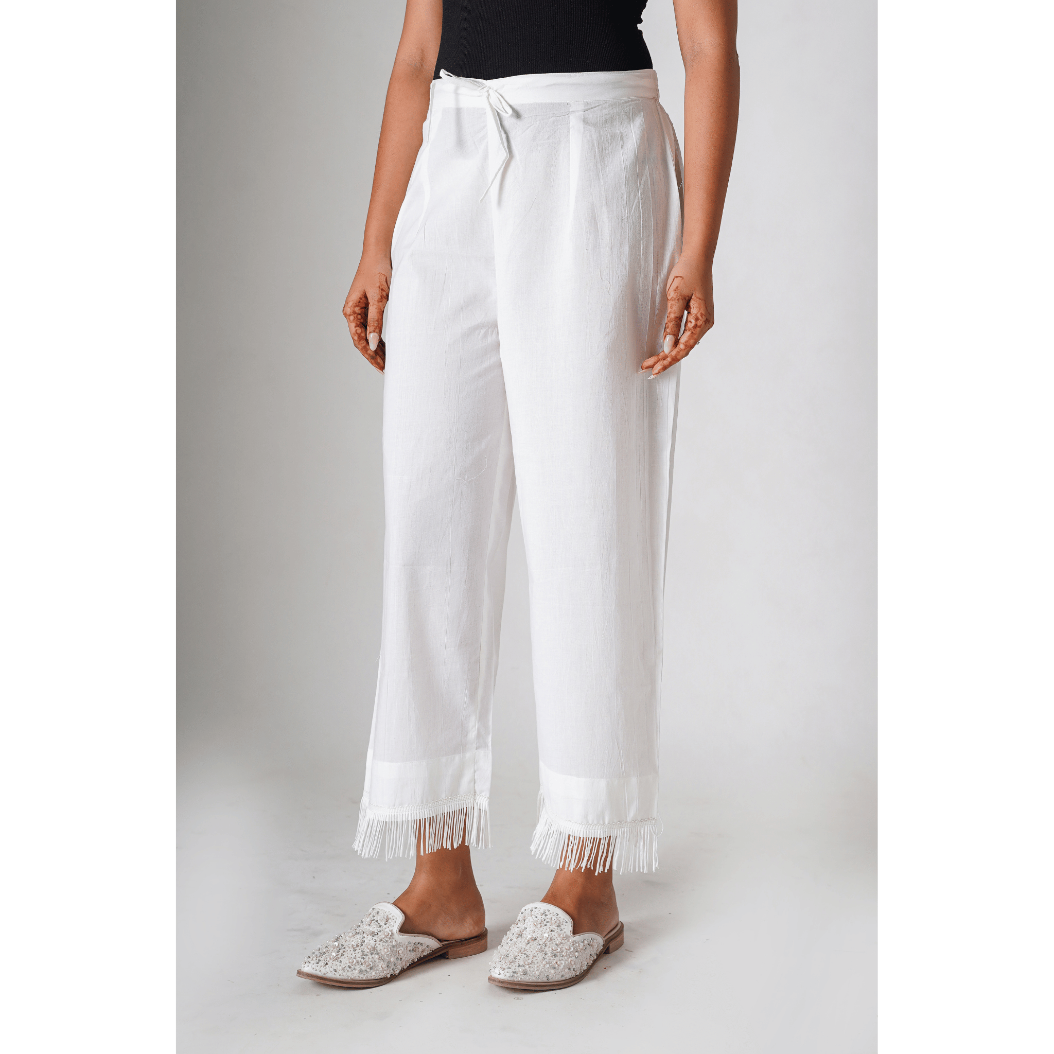 Fringes White Cotton Pants