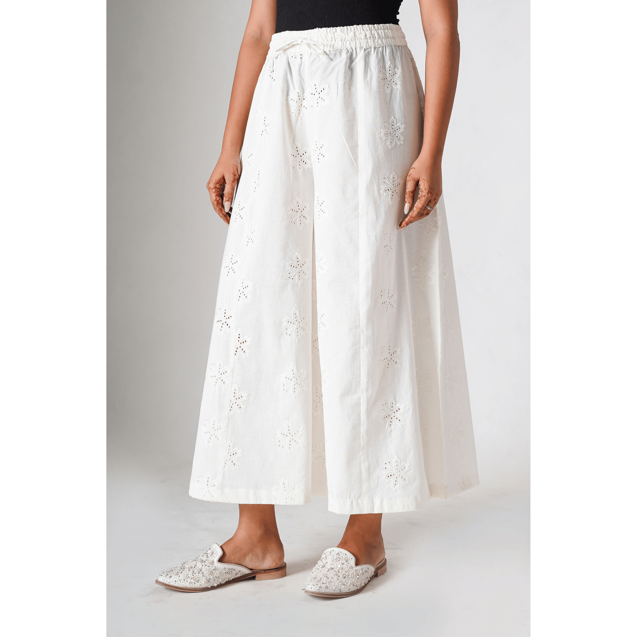 Carnations White Pallazo with hakoba embroidery