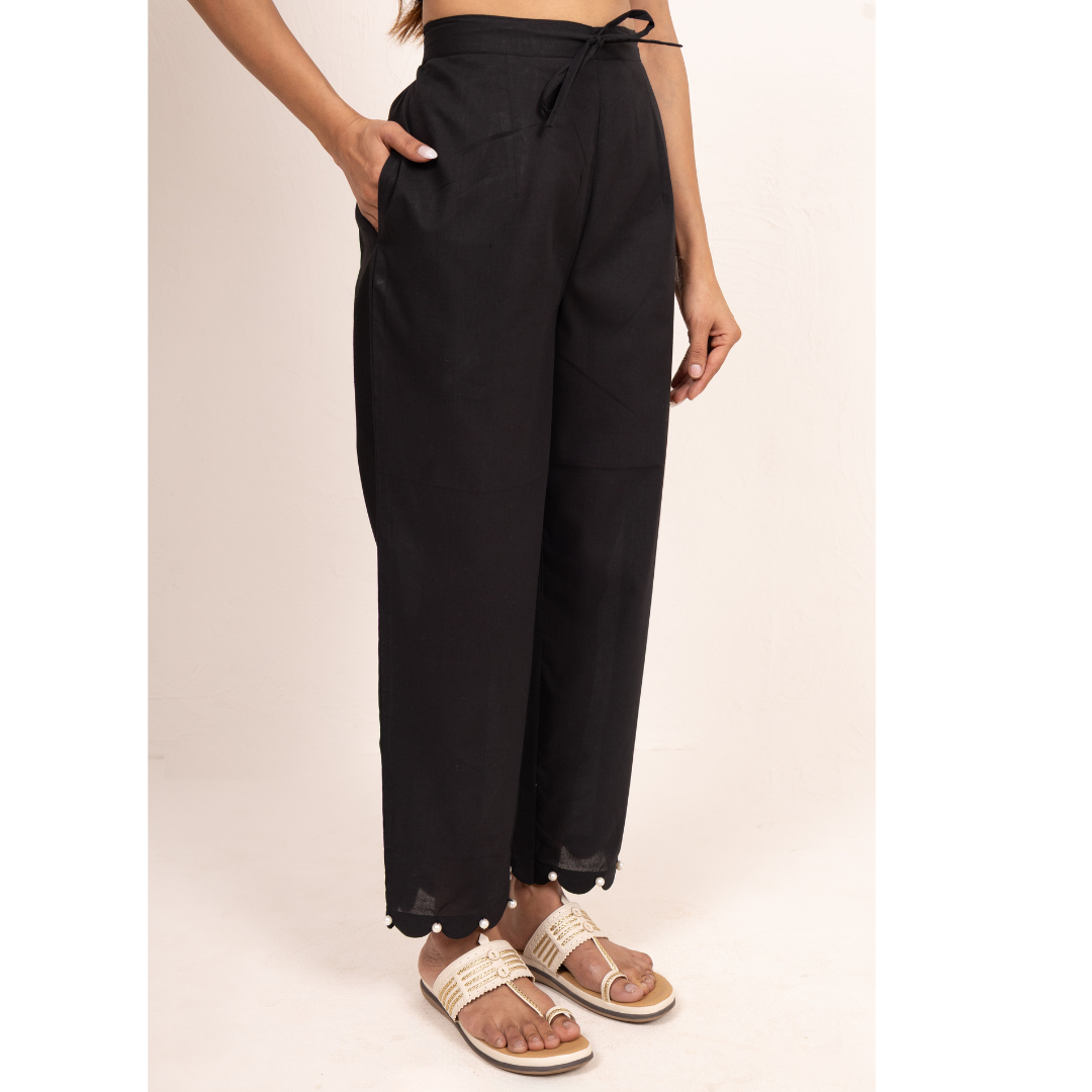 " Siyah " Black Cotton Scalloped Pants