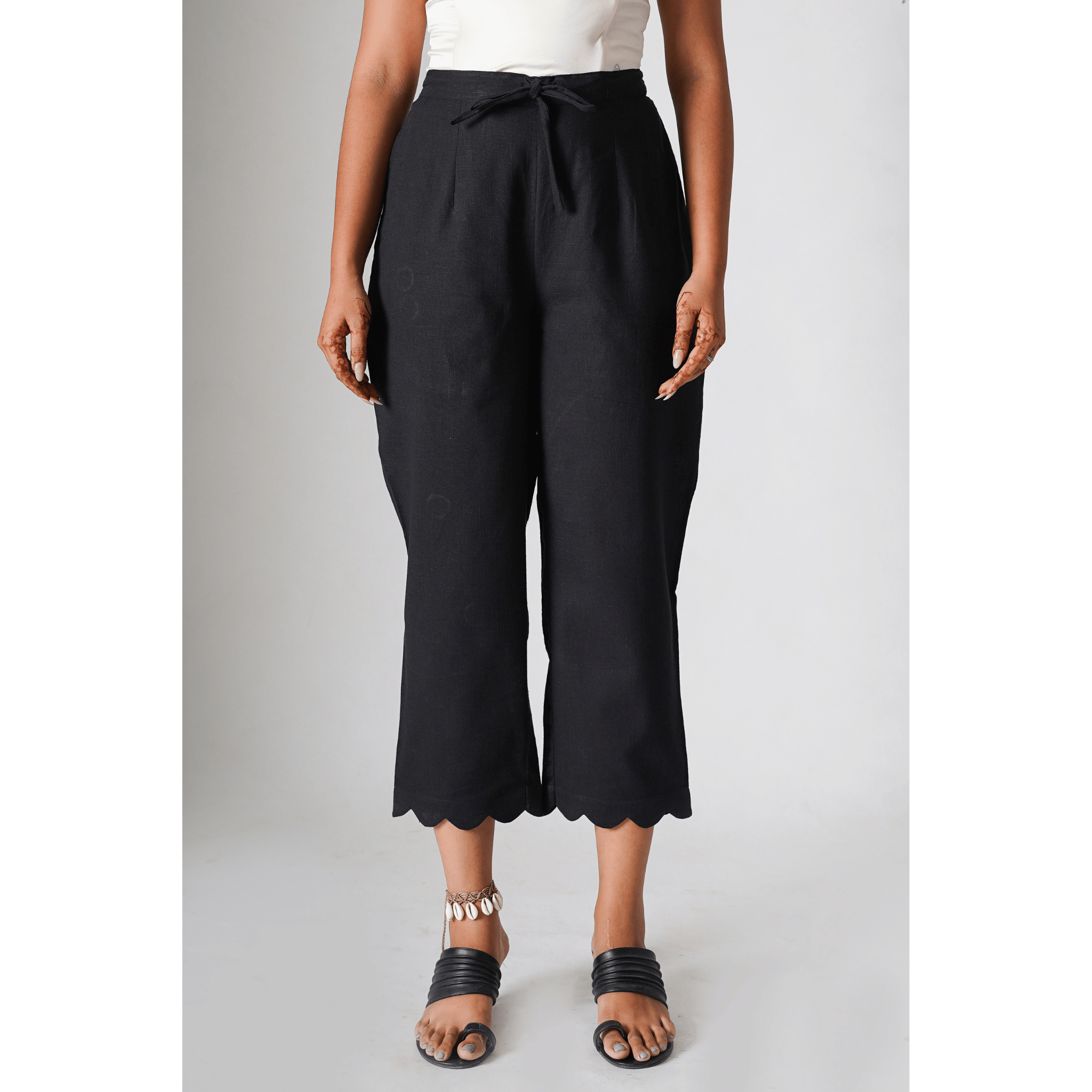 Ebony Scalloped Black Cotton -Linen Pants