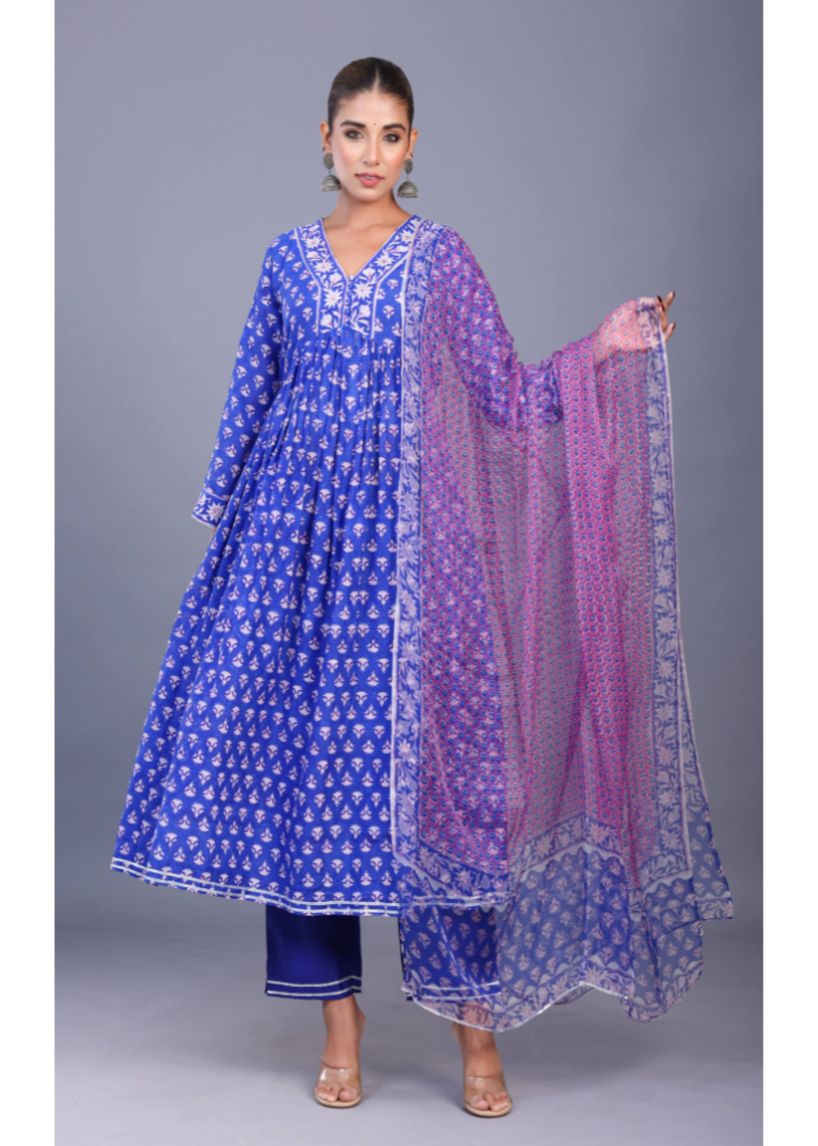 Royal blue cotton silk hand block printed kurta and kota silk dupatta set with floral motifs, handcrafted in Sanganer.
