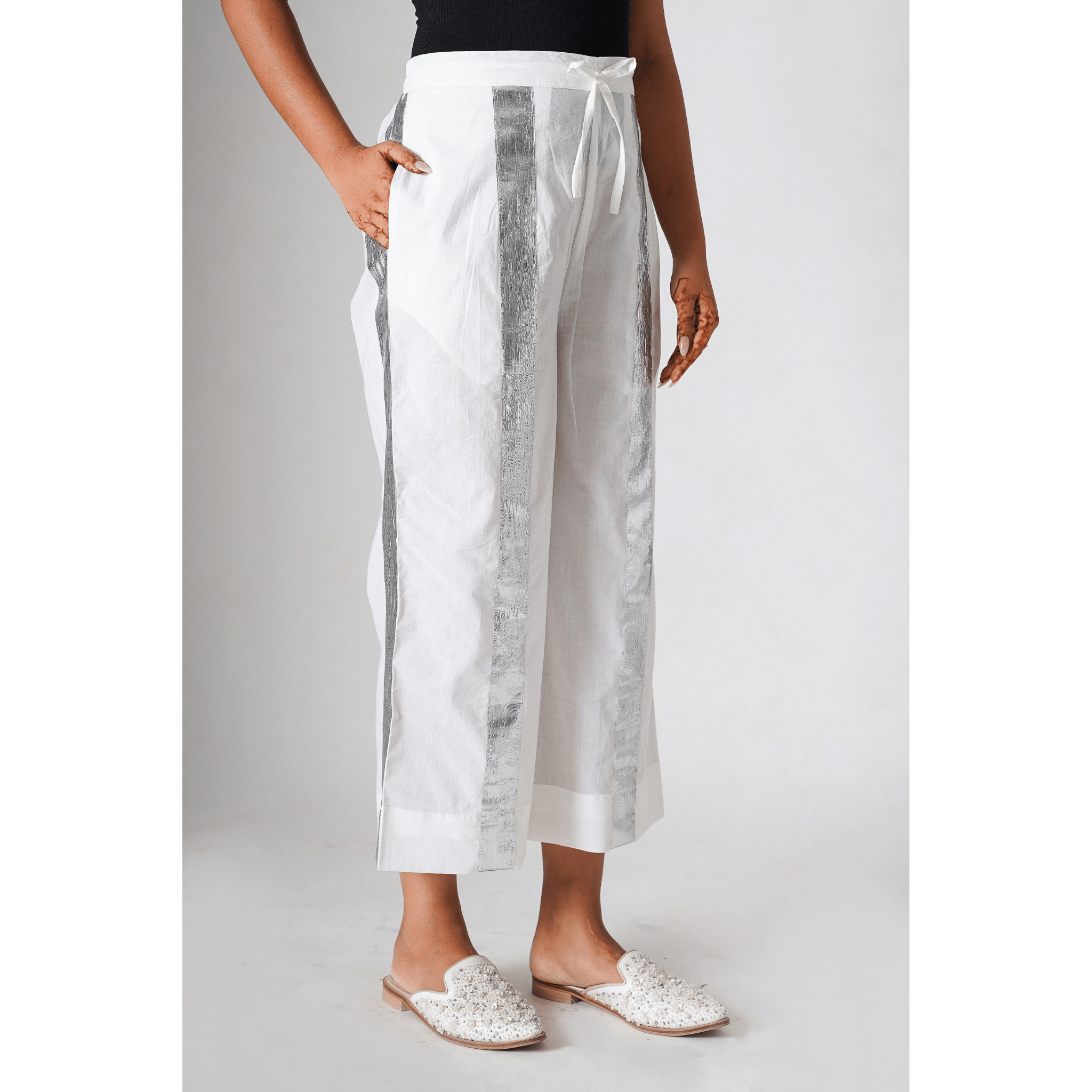 Luminous White Cotton Gota Pants