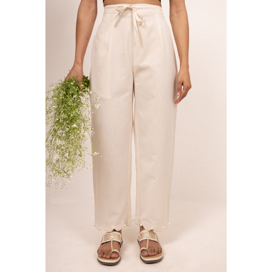 '' Amaryllis '' Biege Cotton- Linen  Scalloped Pants