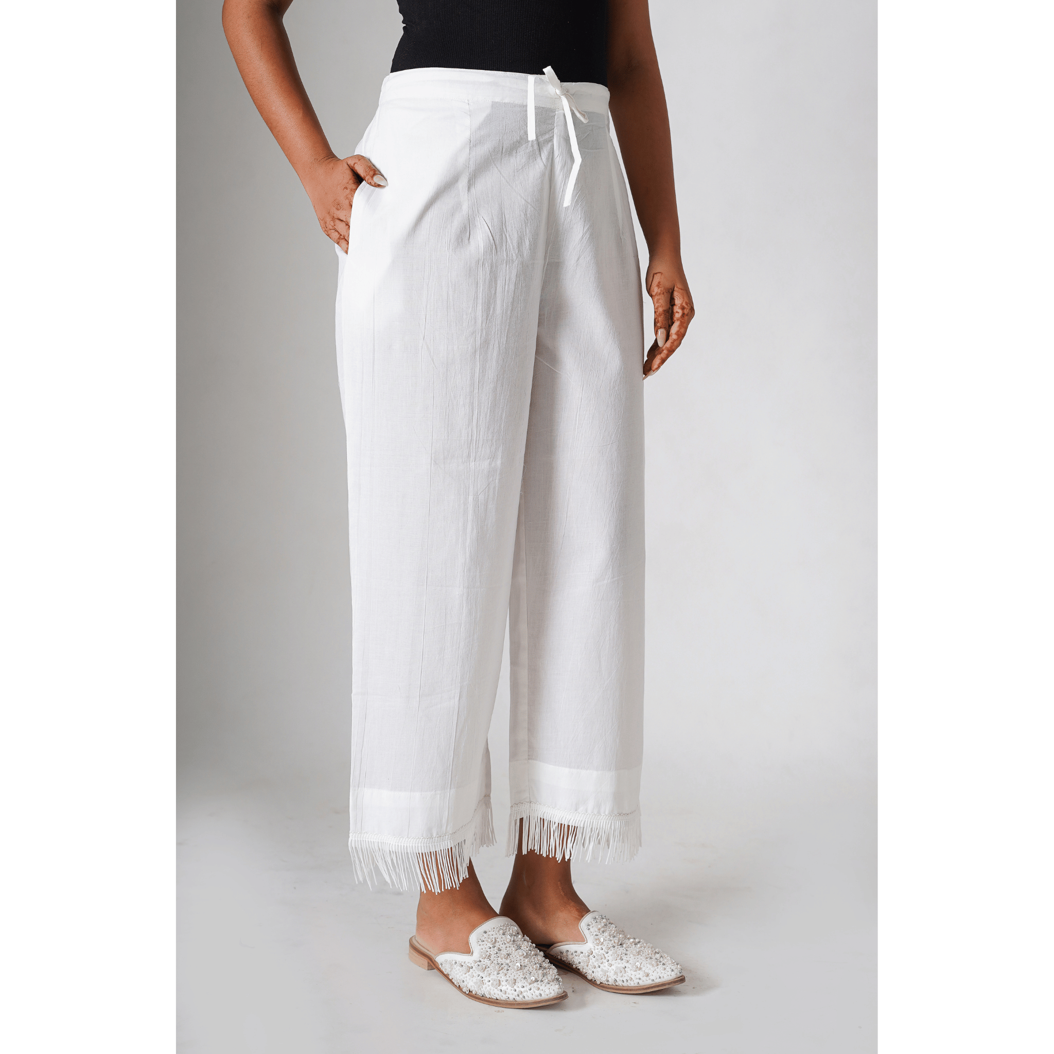 Fringes White Cotton Pants