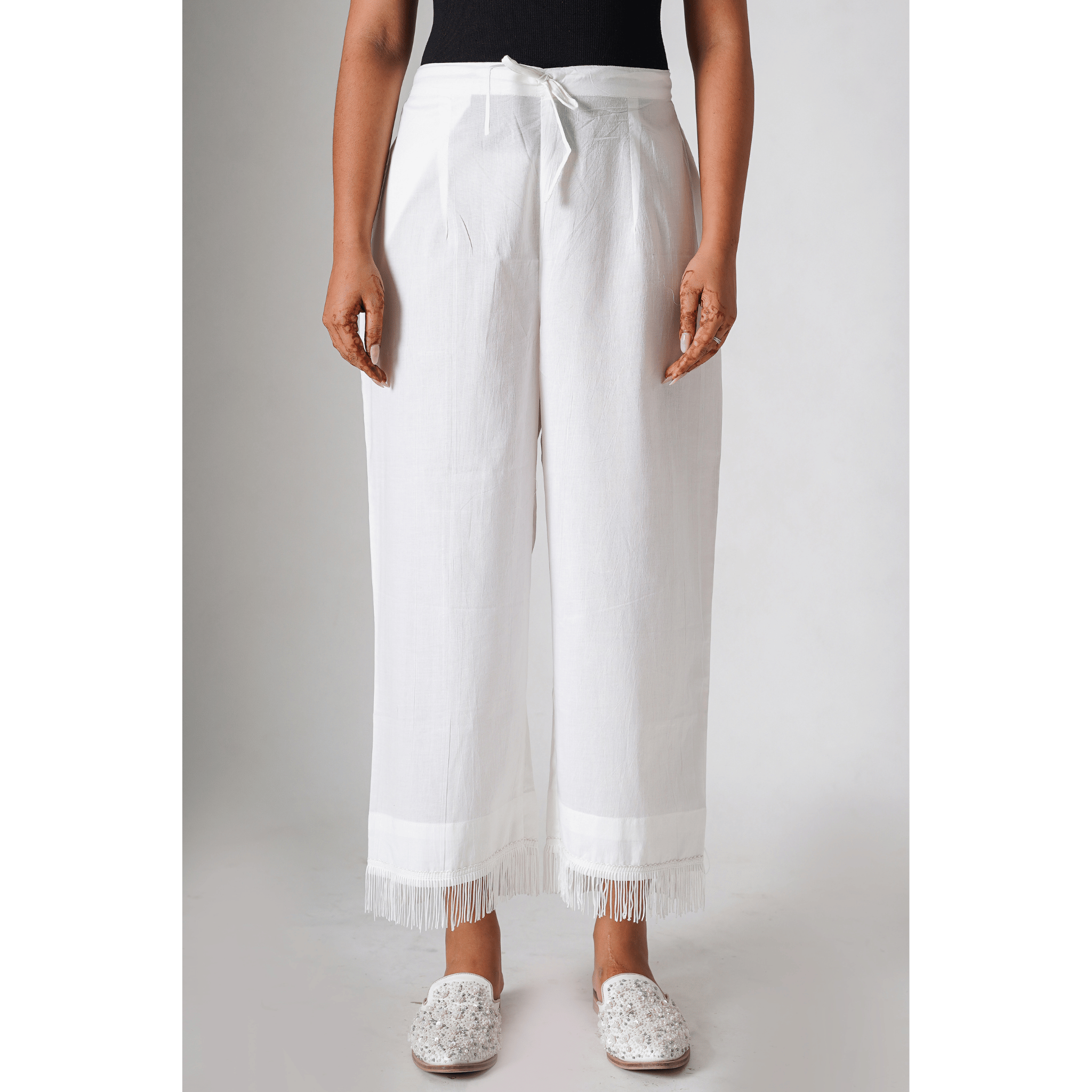 Fringes White Cotton Pants