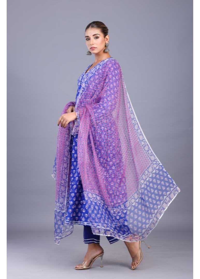 Elegant cotton silk kurta with V neckline and gathered waist paired with kota silk dupatta, hand block printed in Rajasthan.