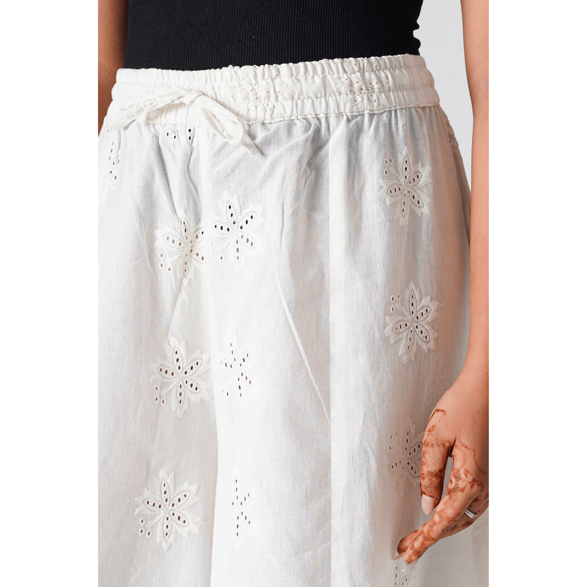 Carnations White Pallazo with hakoba embroidery