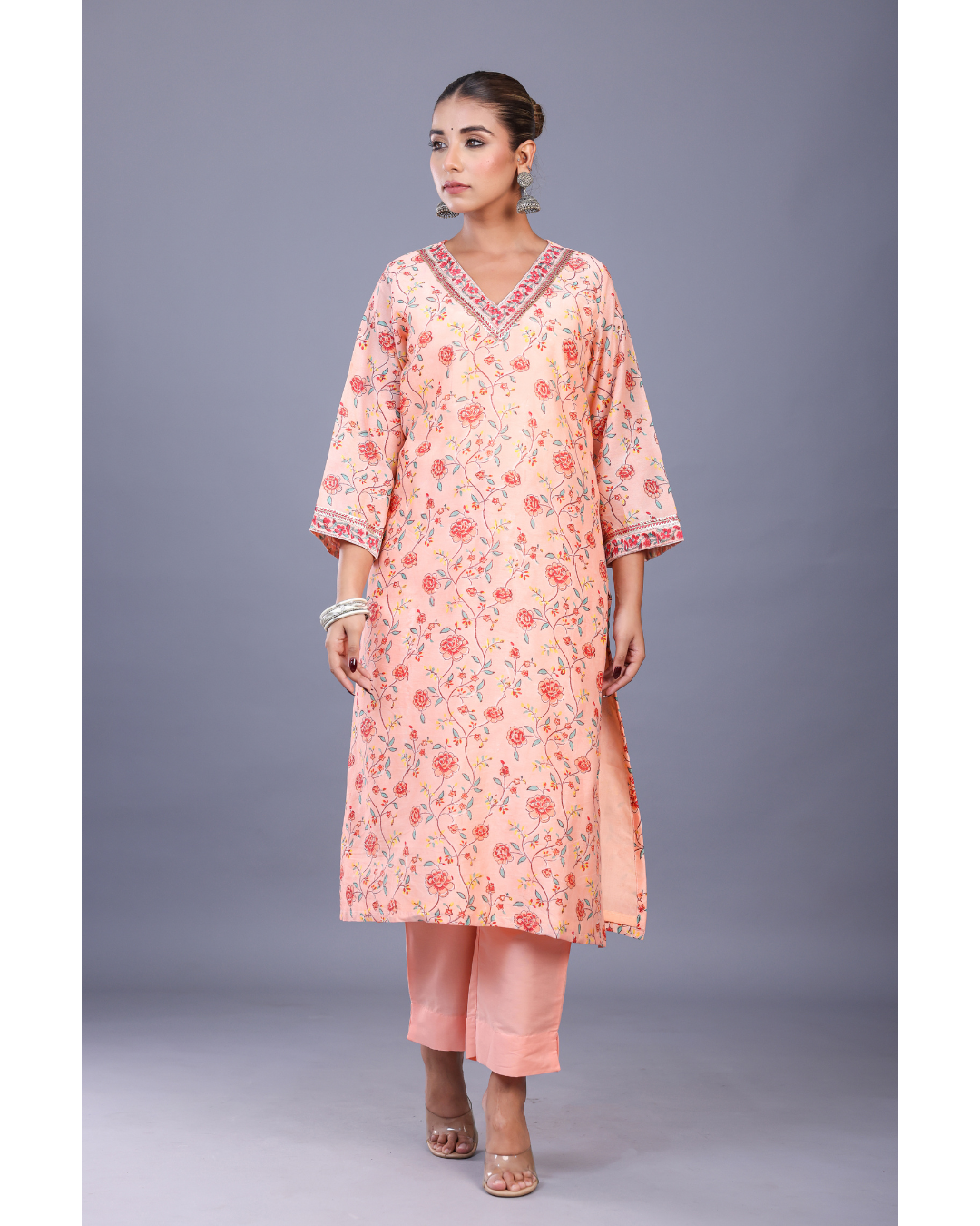 ''Peony Peach '' Hand block Printed Chanderi Kurta - Dupatta set