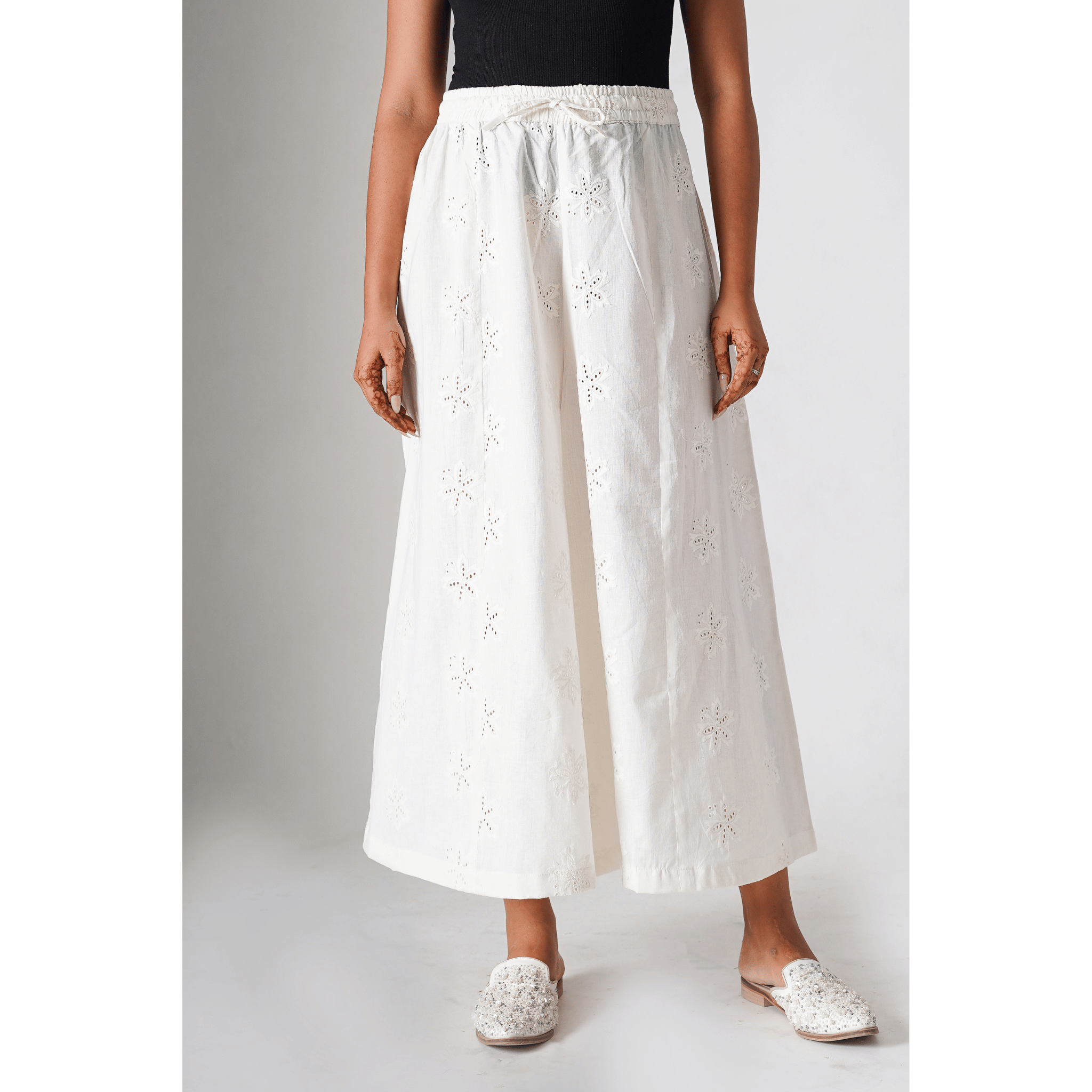 Carnations White Pallazo with hakoba embroidery