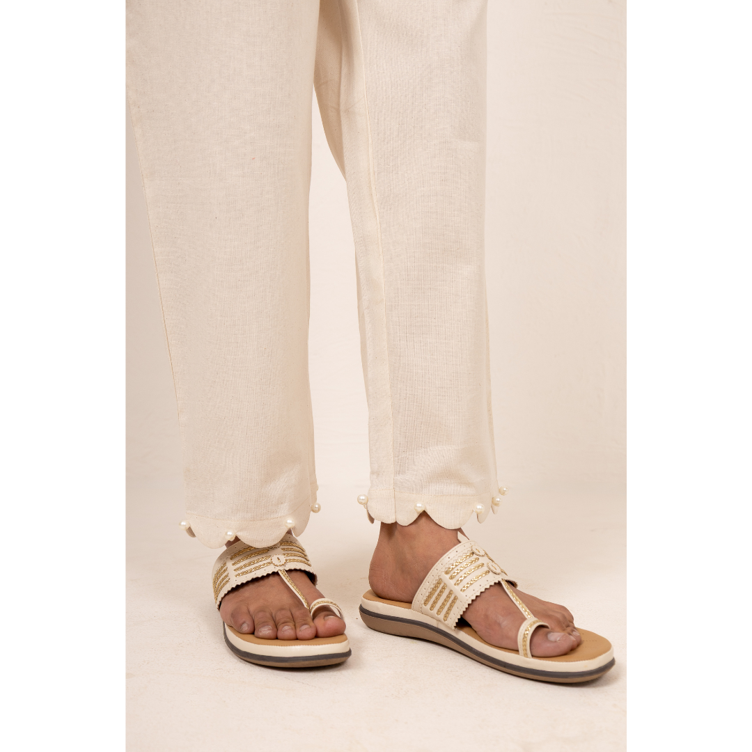 '' Amaryllis '' Biege Cotton- Linen  Scalloped Pants