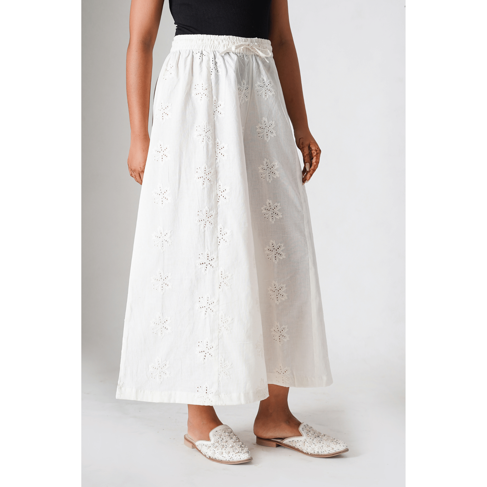 Carnations White Pallazo with hakoba embroidery