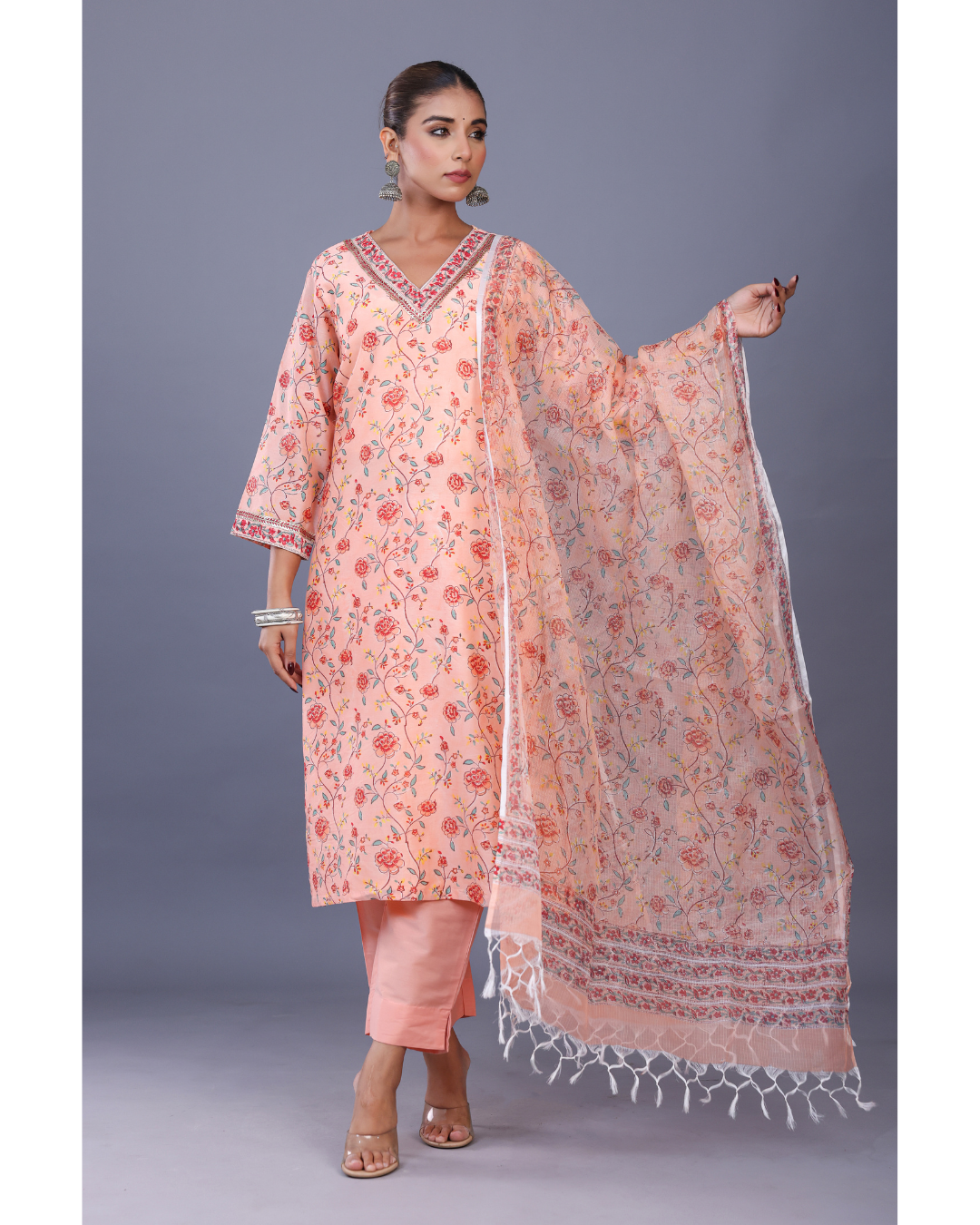''Peony Peach '' Hand block Printed Chanderi Kurta - Dupatta set