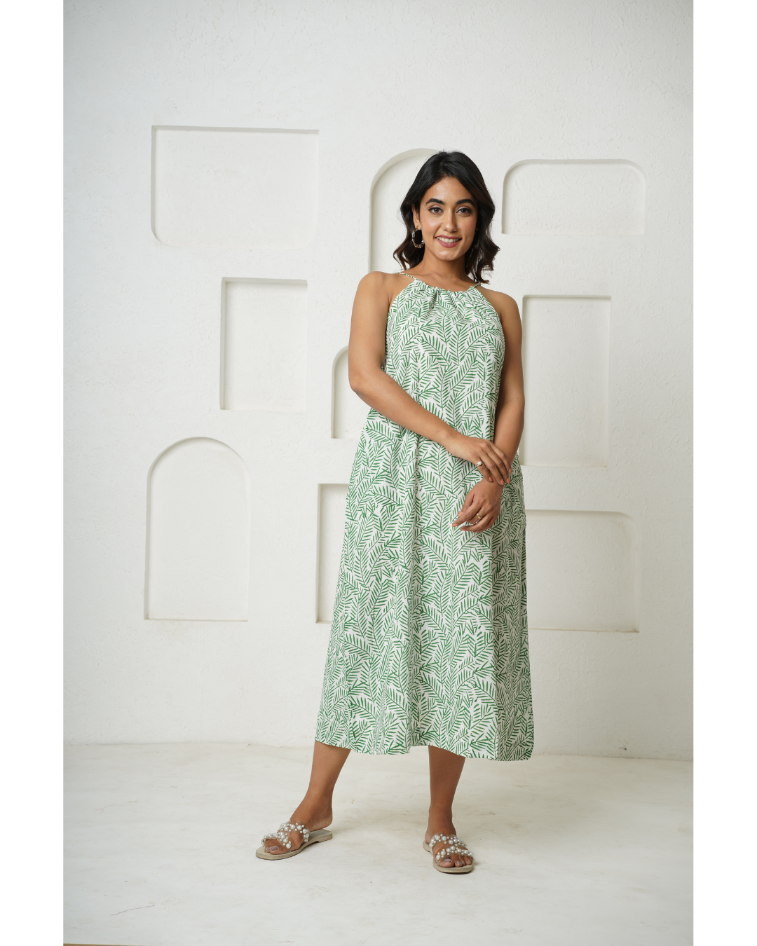 '' Tropical Fern'' Hand Block Print Mulmul Dress