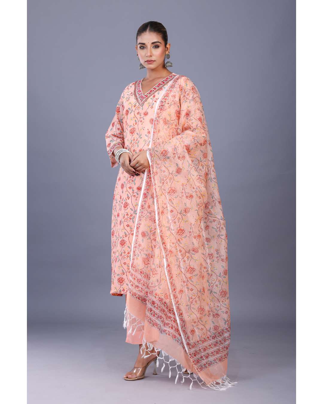 ''Peony Peach '' Hand block Printed Chanderi Kurta - Dupatta set