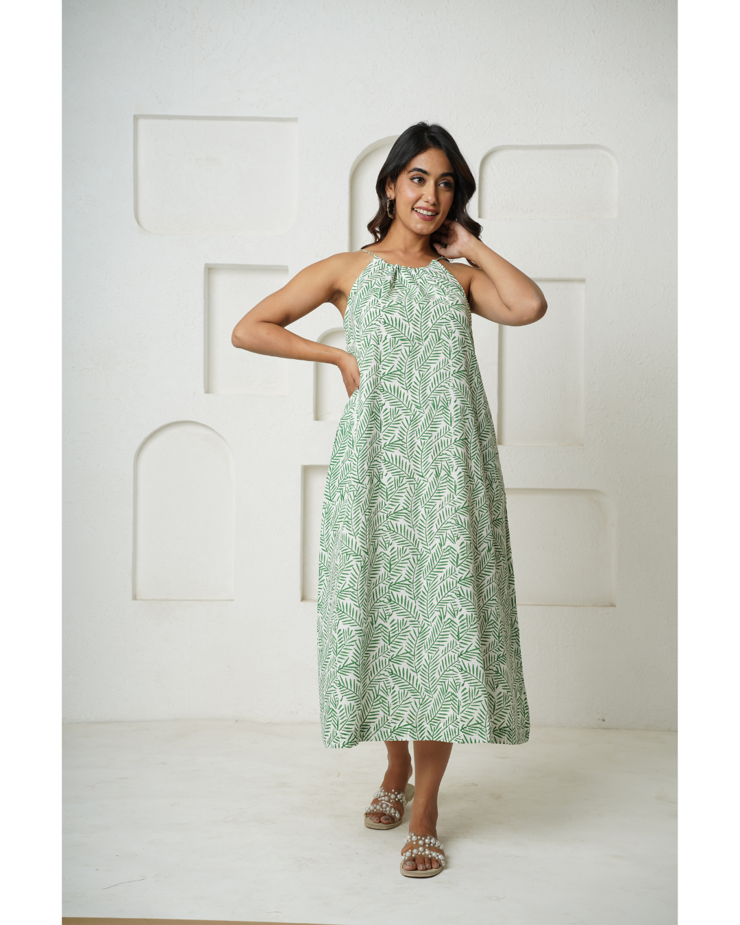 '' Tropical Fern'' Hand Block Print Mulmul Dress