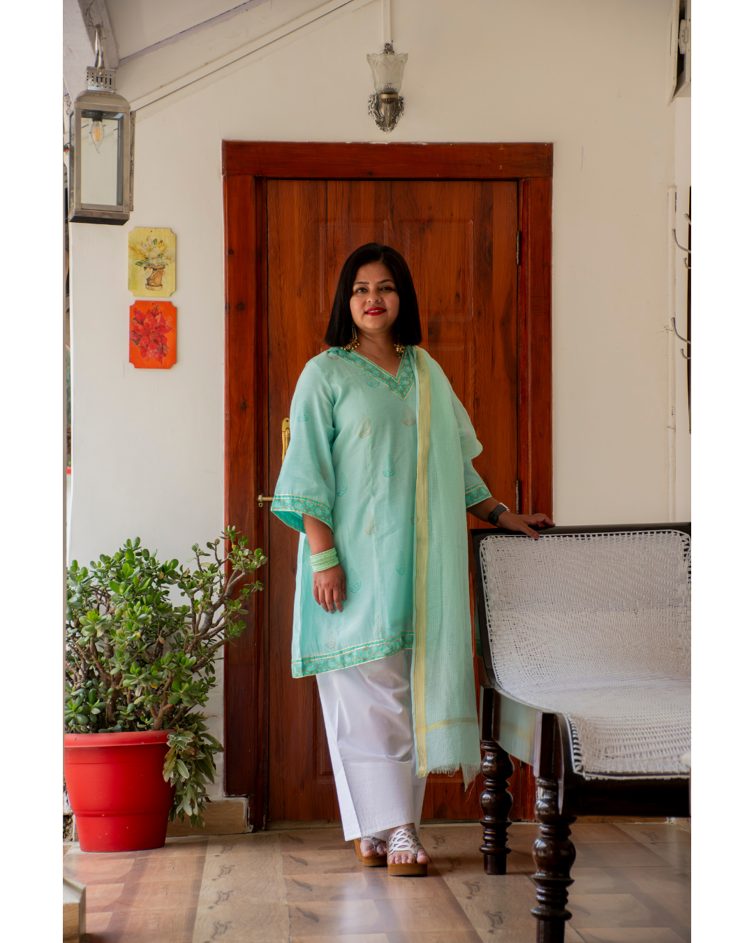 '' Sukoon'' Pastel Green Mul Chanderi suit set