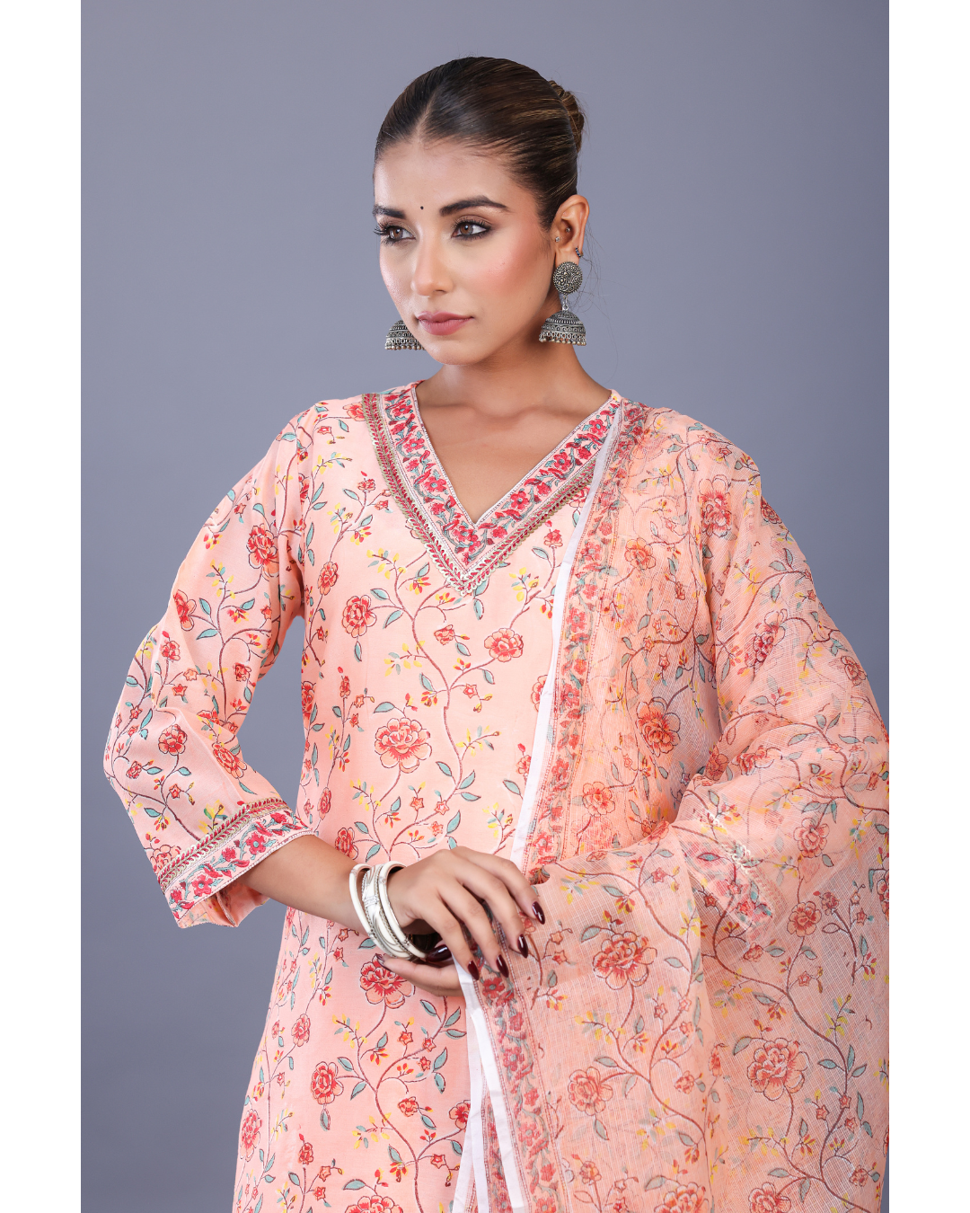 ''Peony Peach '' Hand block Printed Chanderi Kurta - Dupatta set
