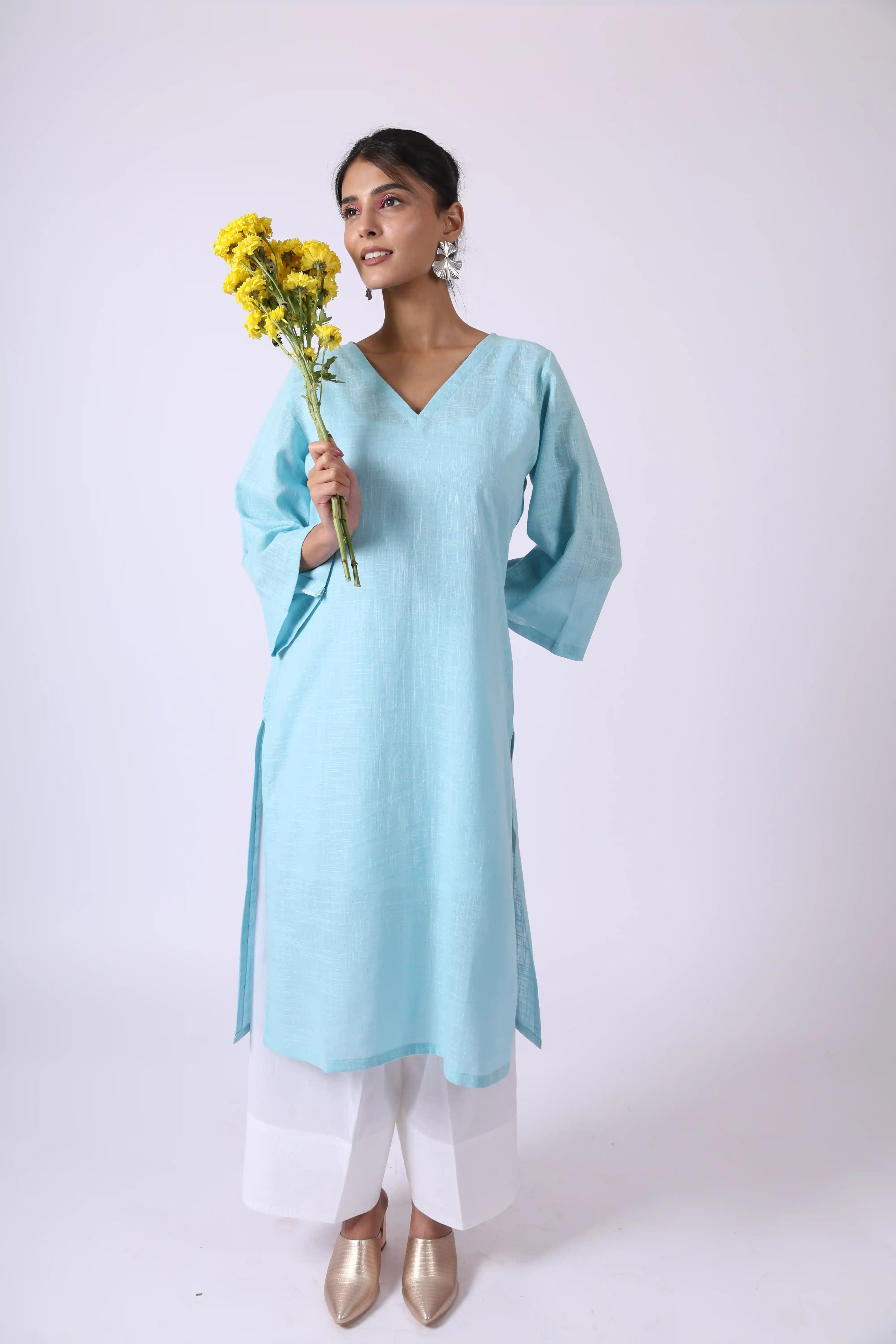 Blue Daisy  - Blue Cotton-Slub Kurta