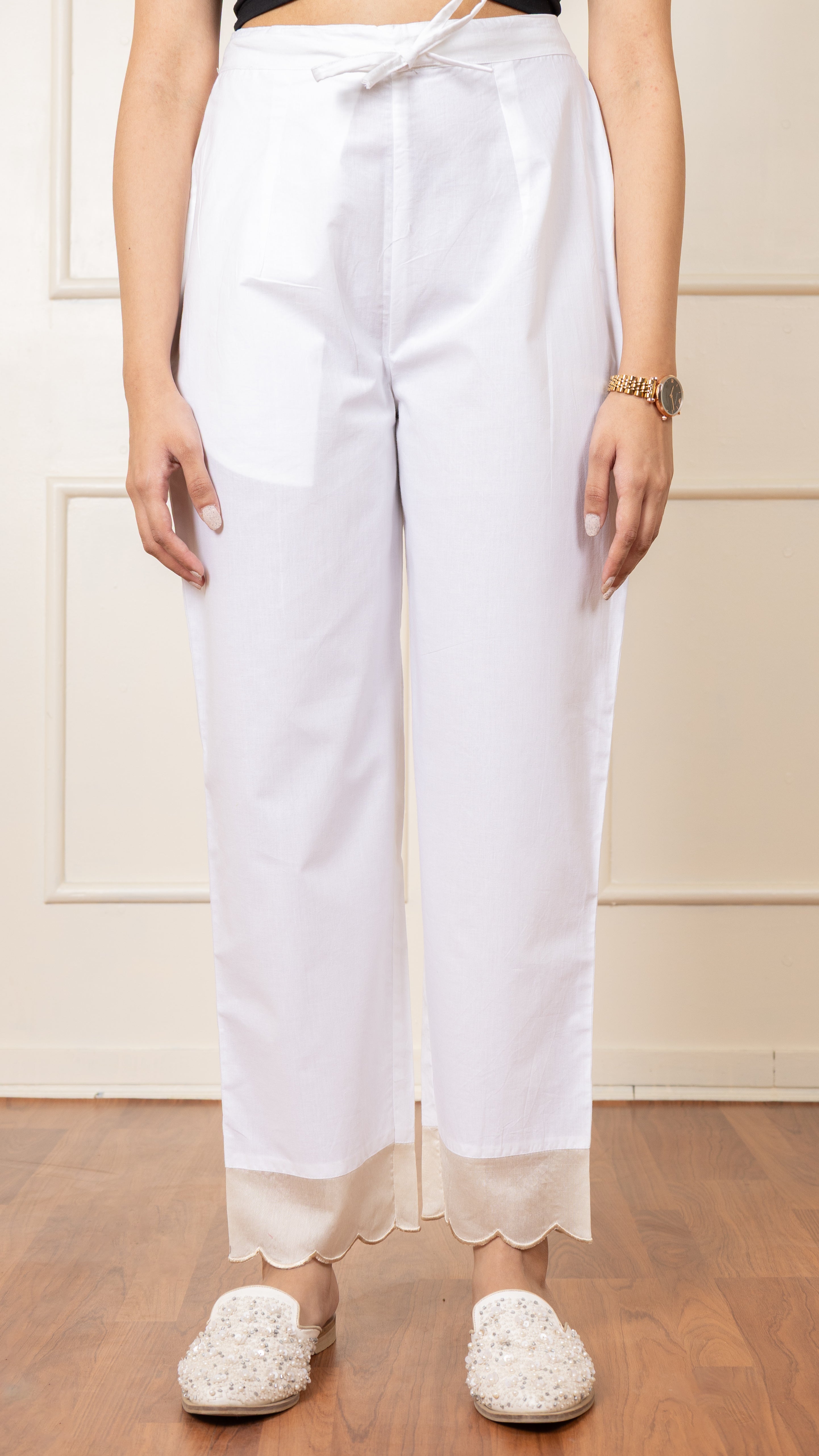 Iris - White Cotton Scalloped Pants