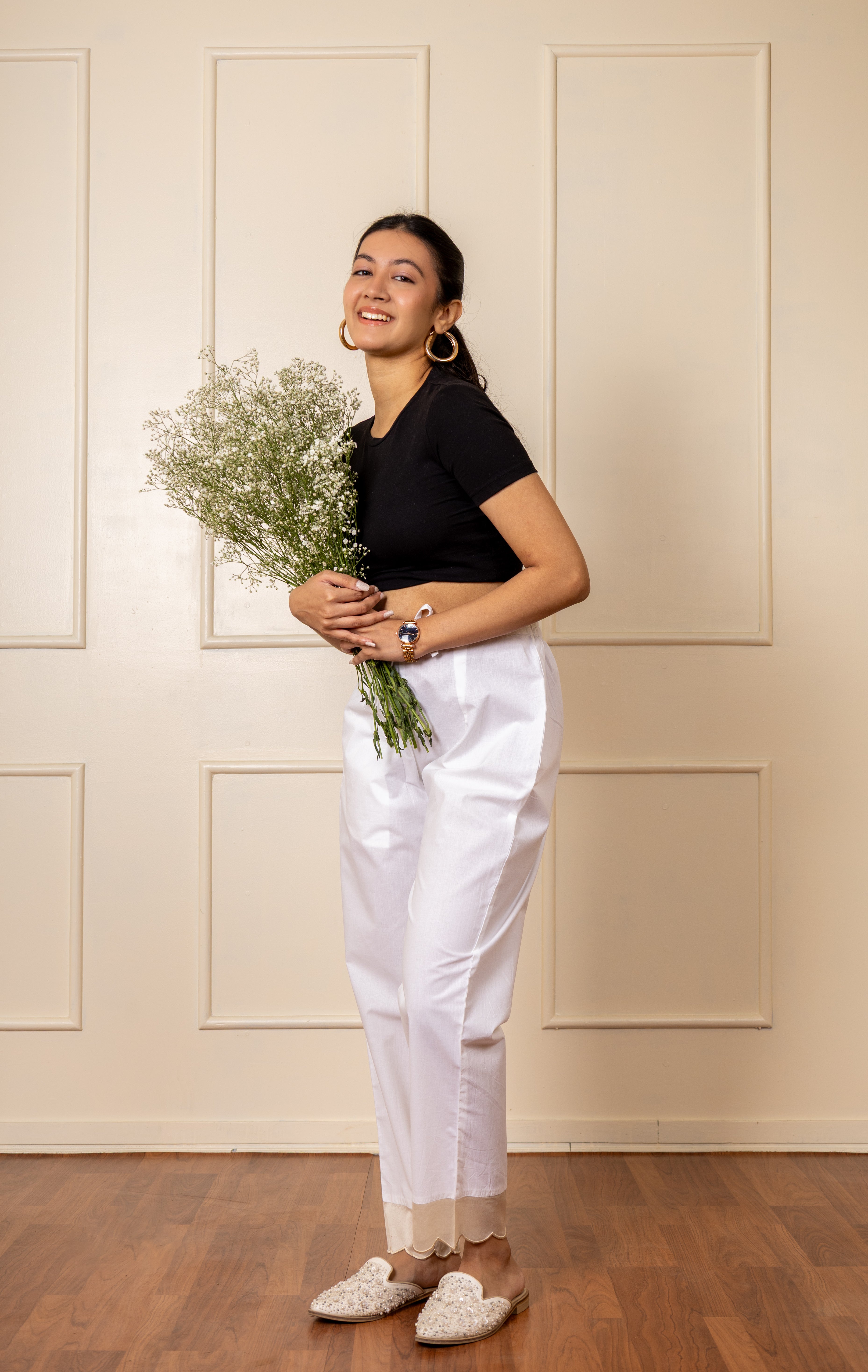 Iris - White Cotton Scalloped Pants