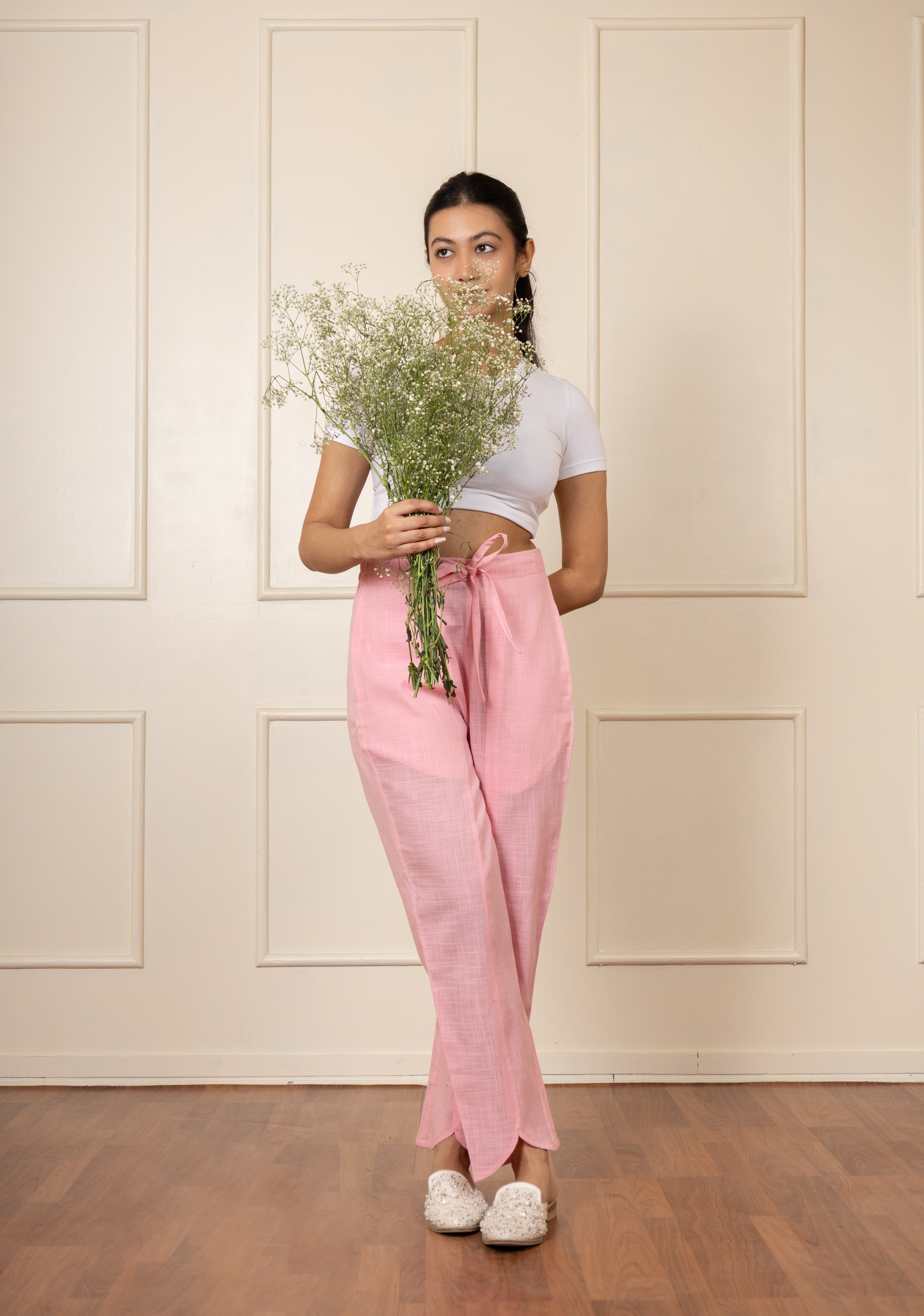 ''Zinnia'' Pink Cotton Slub Pants