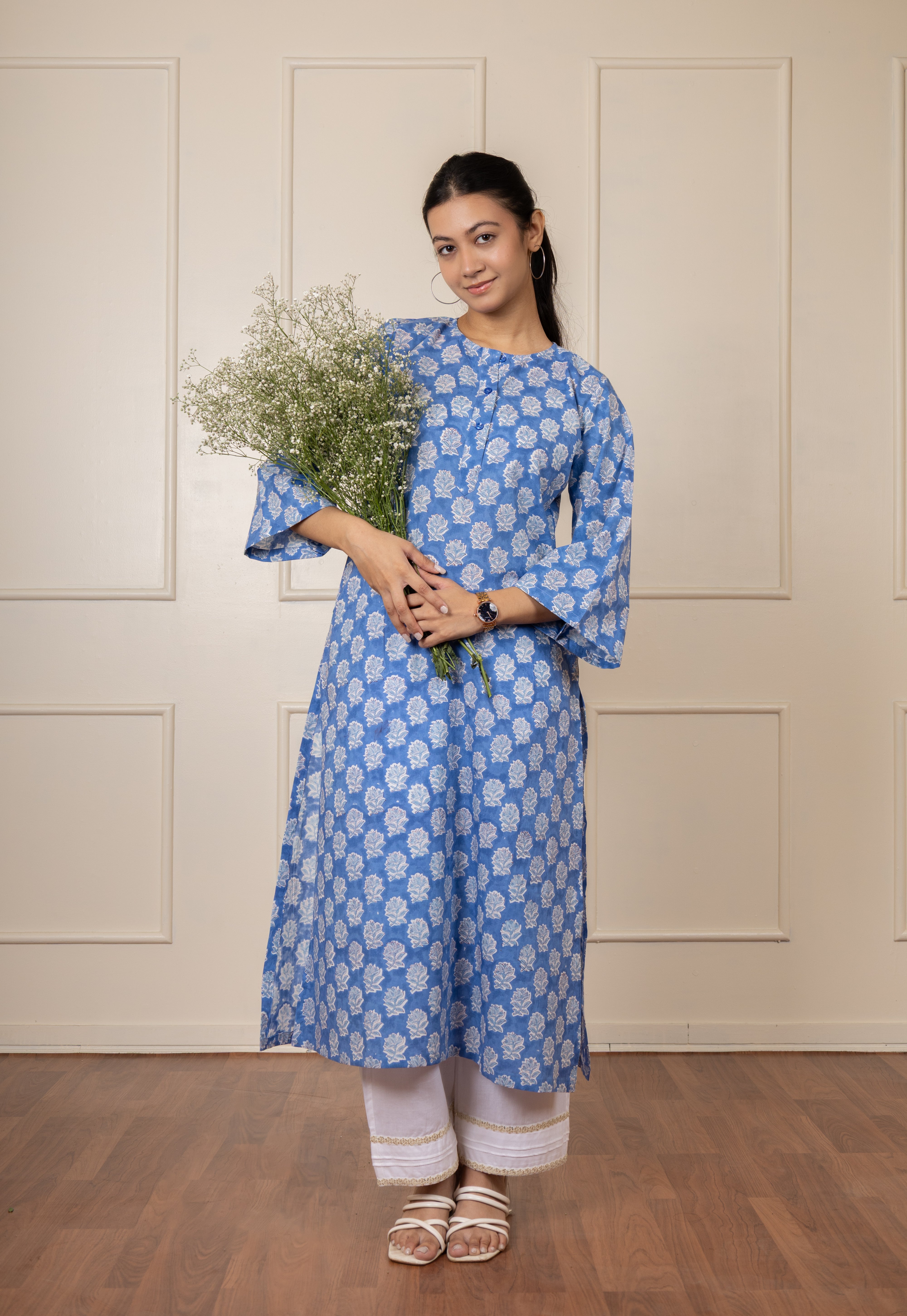 ''Delphinium'' Hand Block Printed Blue Kurta