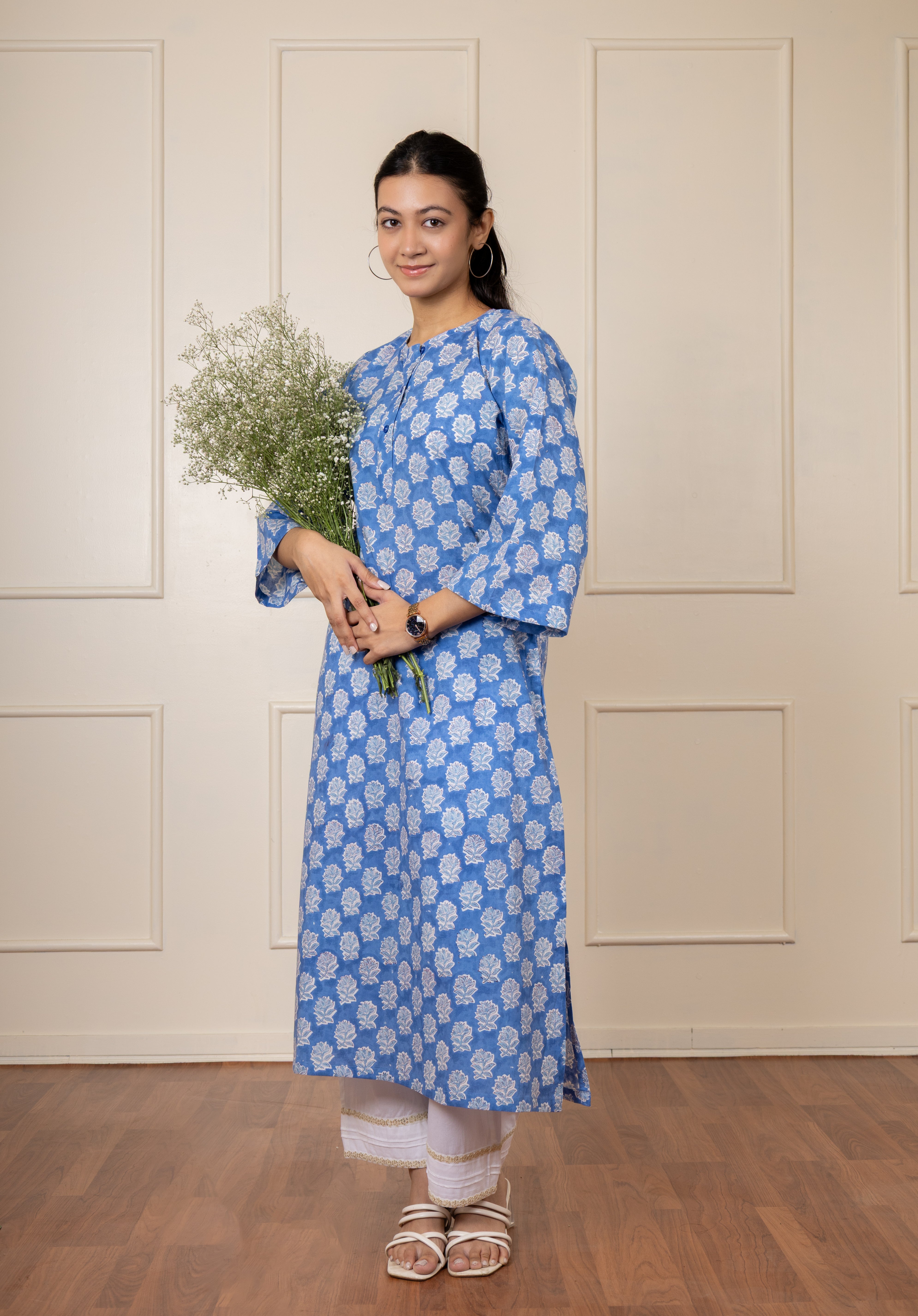 ''Delphinium'' Hand Block Printed Blue Kurta