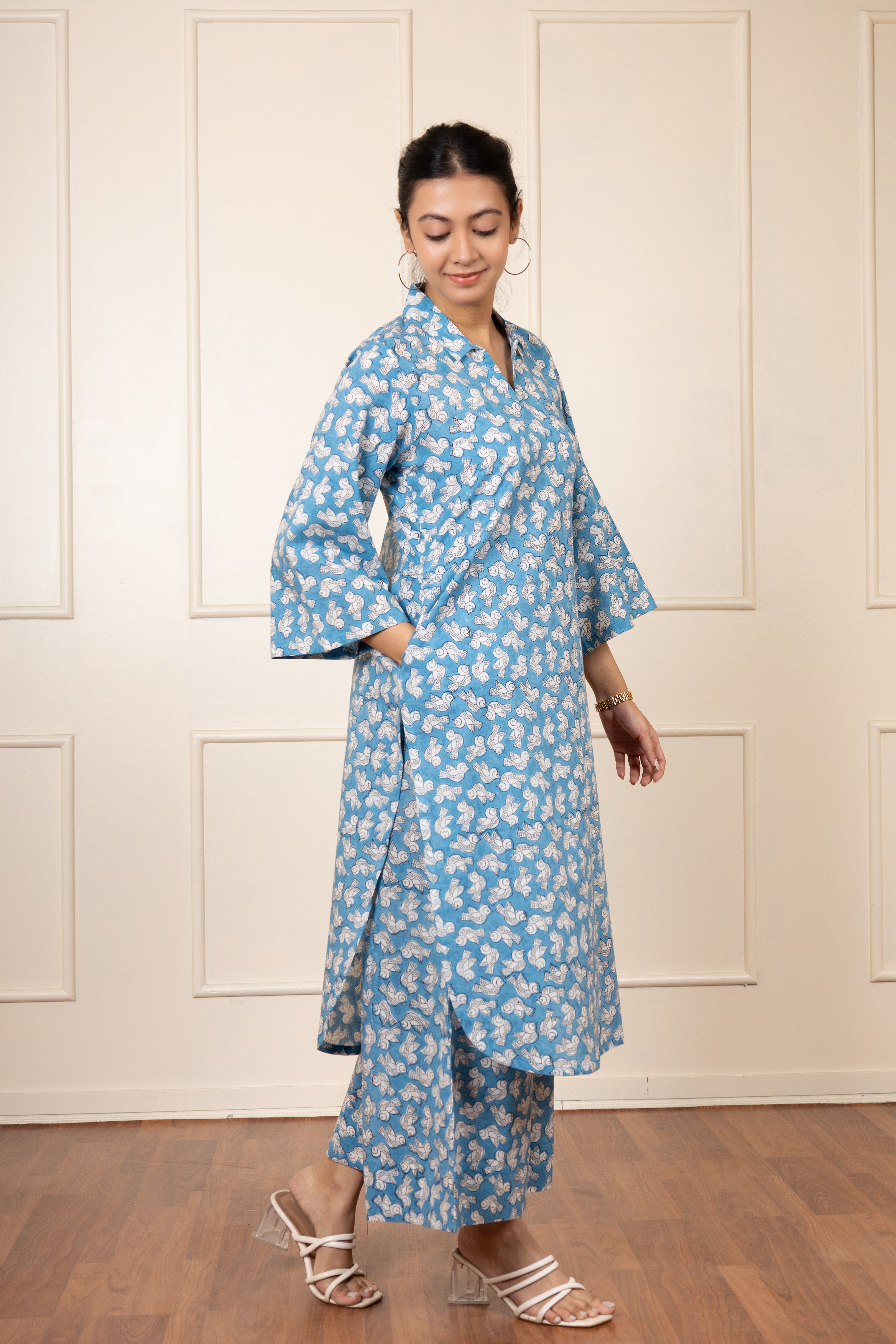 ''Chidiya'' Blue  Hand Block Printed Co-ord Set (Kurta & Pants)