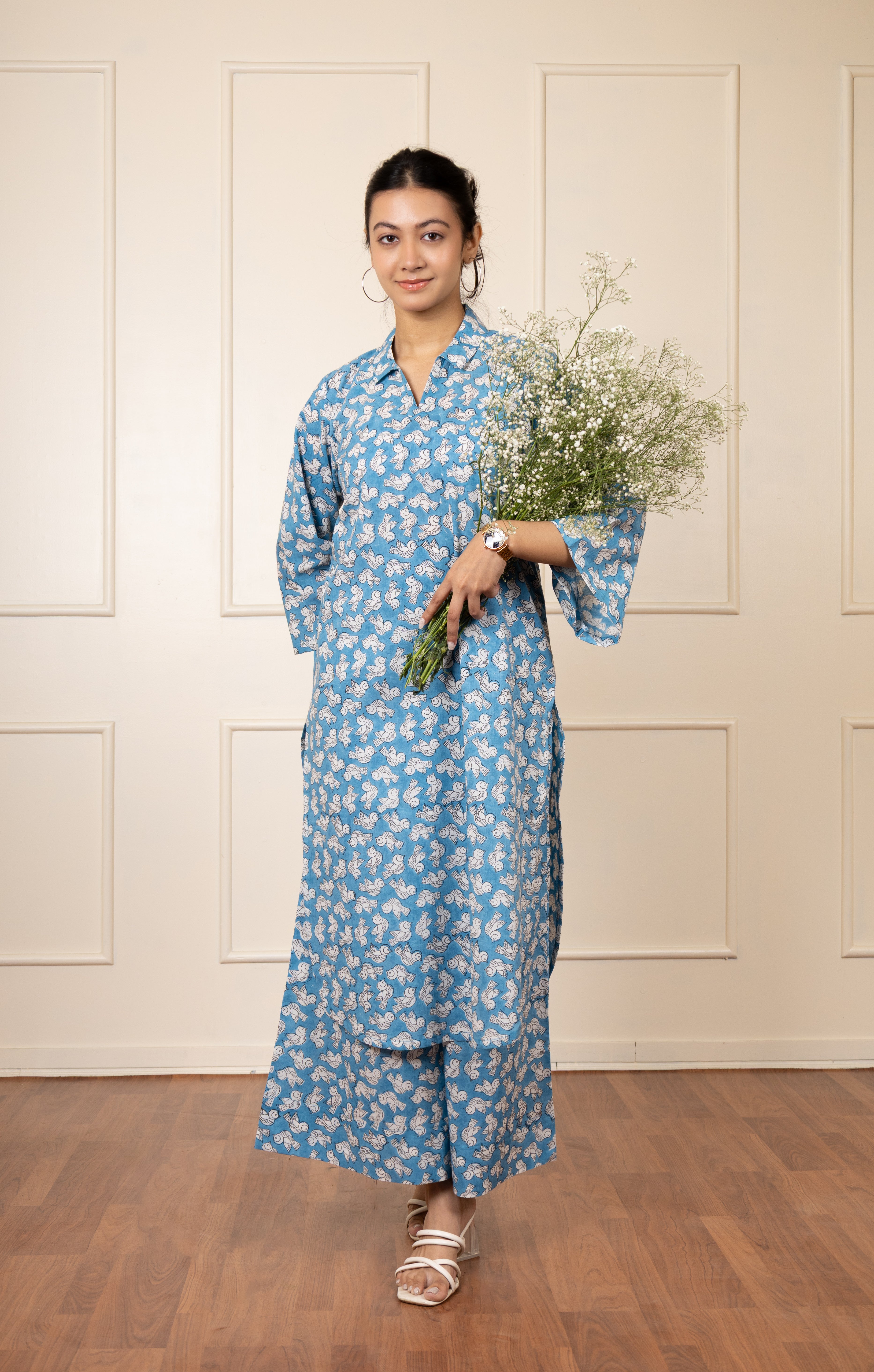 ''Chidiya'' Blue  Hand Block Printed Co-ord Set (Kurta & Pants)